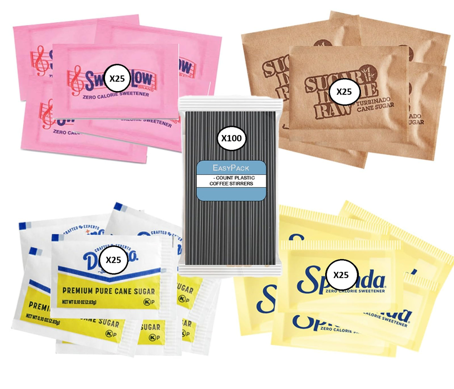 POGALIGHT Sugar and Sweeteners Variety Pack - 25 Pure Cane, 25 Brown, 25 Yellow, 25 Pink Sweeteners, 200 Count