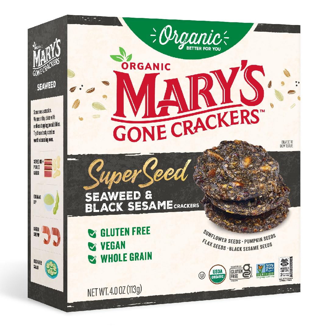 Marys Gone Crackers Super Seed Crackers, Seaweed & Black Sesame, 4 Ounce (Pack of 1), Organic Plant Based Protein, Gluten Free