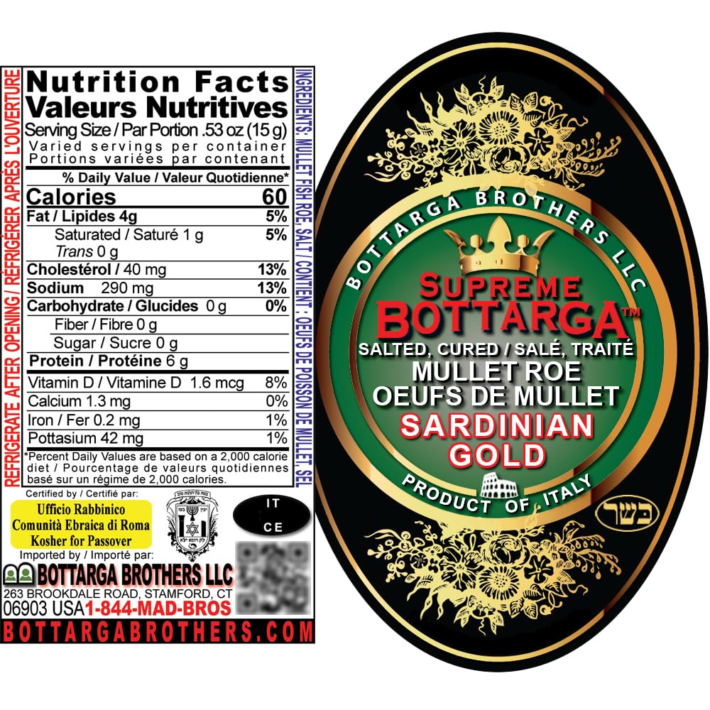Supreme Bottarga Authentic Sardinian Bottarga - Kosher, 4.00-4.30oz, 1 Count