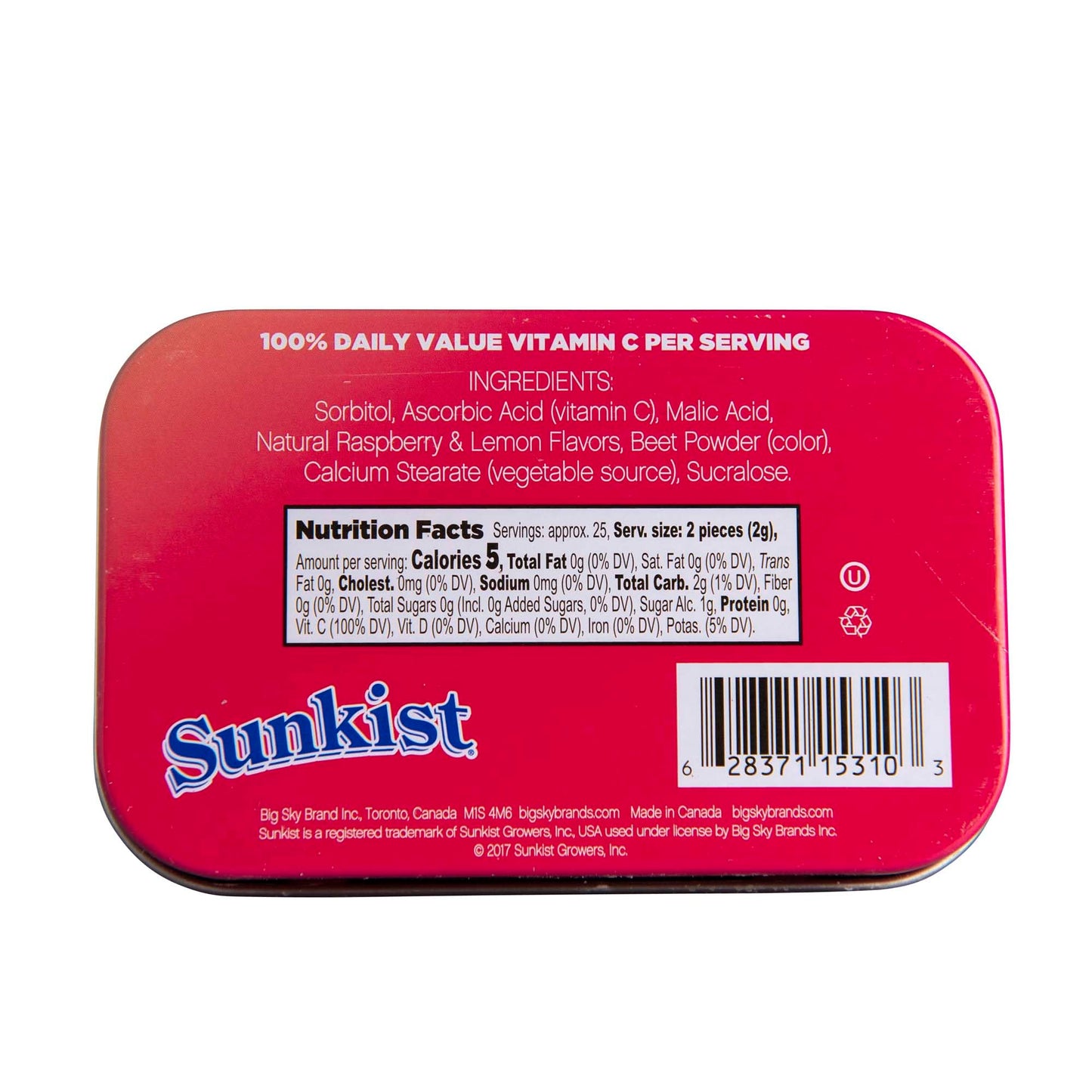 Sunkist Sours Raspberry Lemonade Vitamin C Sugar Free Sour Candy 1.76 Ounce Tin - 6 Count Tray