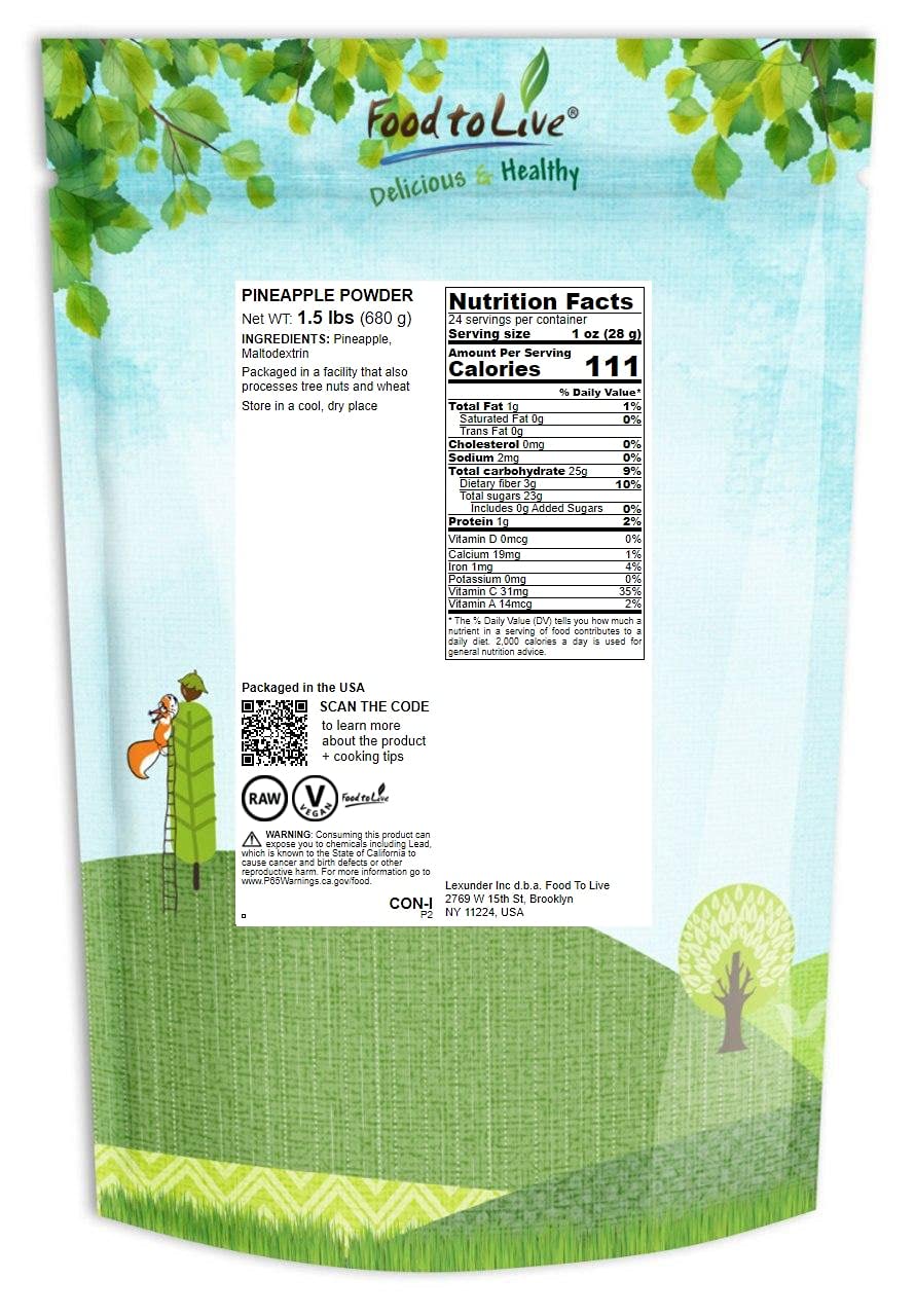 Food To Live Pineapple Powder, 1.5 Pounds - Raw Dried Fruit, Unsulfured, Vegan, Bulk, Great For Baking, Juices, Smoothies, Yogur