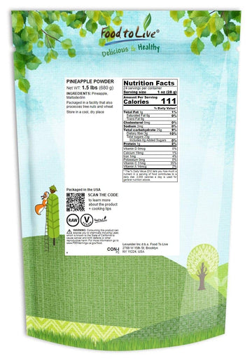 Food To Live Pineapple Powder, 1.5 Pounds - Raw Dried Fruit, Unsulfured, Vegan, Bulk, Great For Baking, Juices, Smoothies, Yogur
