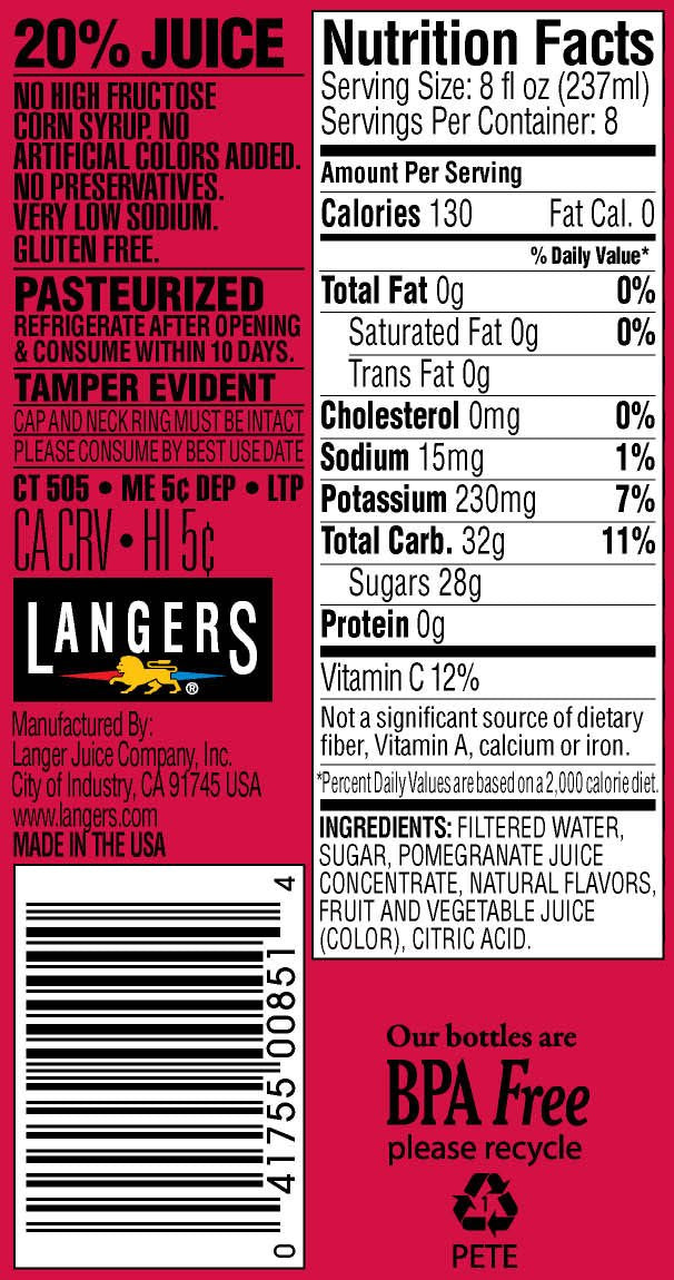 Langers Pomegranate Juice Cocktail, 64 Fl Oz, Pack of 8