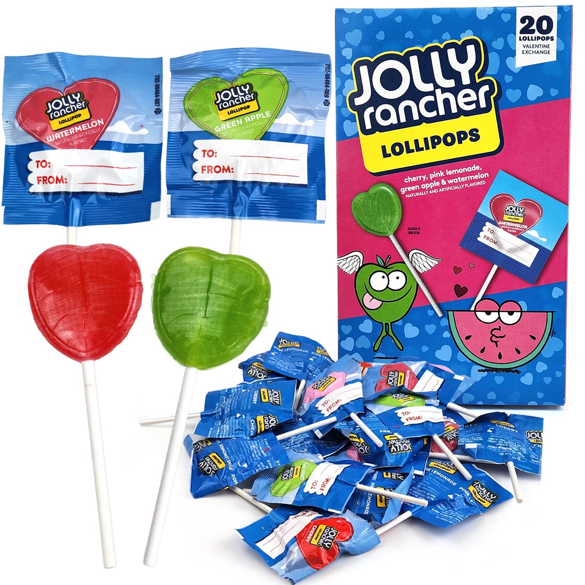 Jollyrancher Heart Lollipops - 20 Pcs Heart Shaped Lollipops - Valentines Pack - Delicious Valentines Day Candy In Sealed Bags -