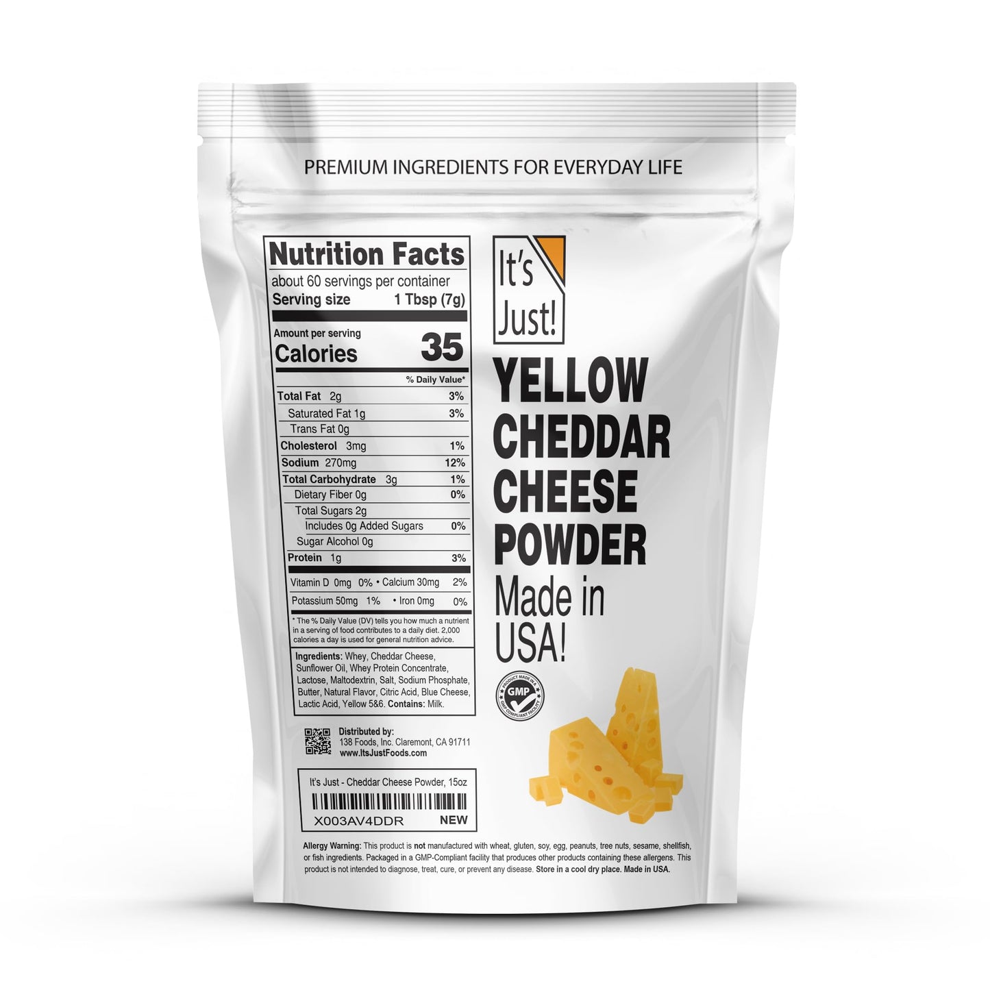 It's Just! Cheddar Cheese Powder, 15oz - Real Cheese, Shelf Stable, Perfect for Cheese Sauce & Flavor Sprinkling - Made in USA