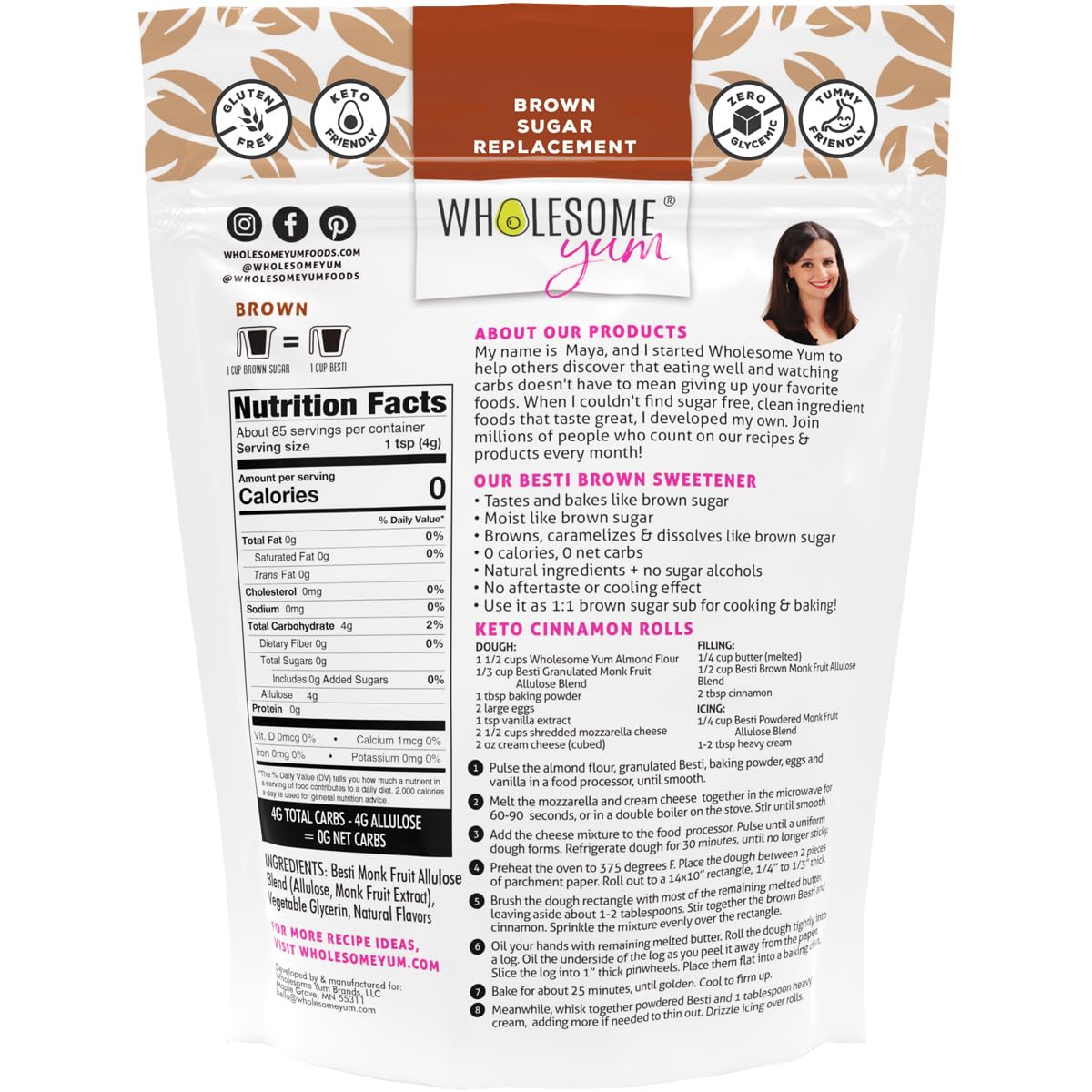 Wholesome Yum Besti Brown Sugar Substitute - Keto Monk Fruit & Allulose Blend, Zero Carb, Zero Calorie, 12 oz