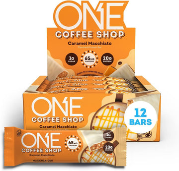 One Coffee Shop Caffeinated Protein Bars, Caramel Macchiato, Gluten Free With 20G Protein And 65Mg Of Caffeine Energy, Pantry Staples, 2.12 Oz (12 Count), Packaging May Vary