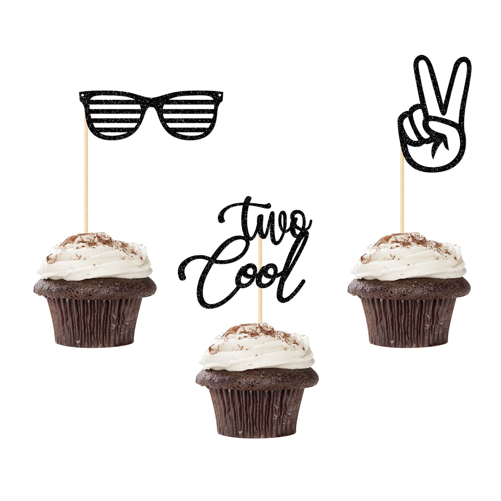 Two Cool Cupcake Toppers, Boy Second Birthday Party, 2Nd Birthday Party Decorations, Glitter Black, 24 Pcs