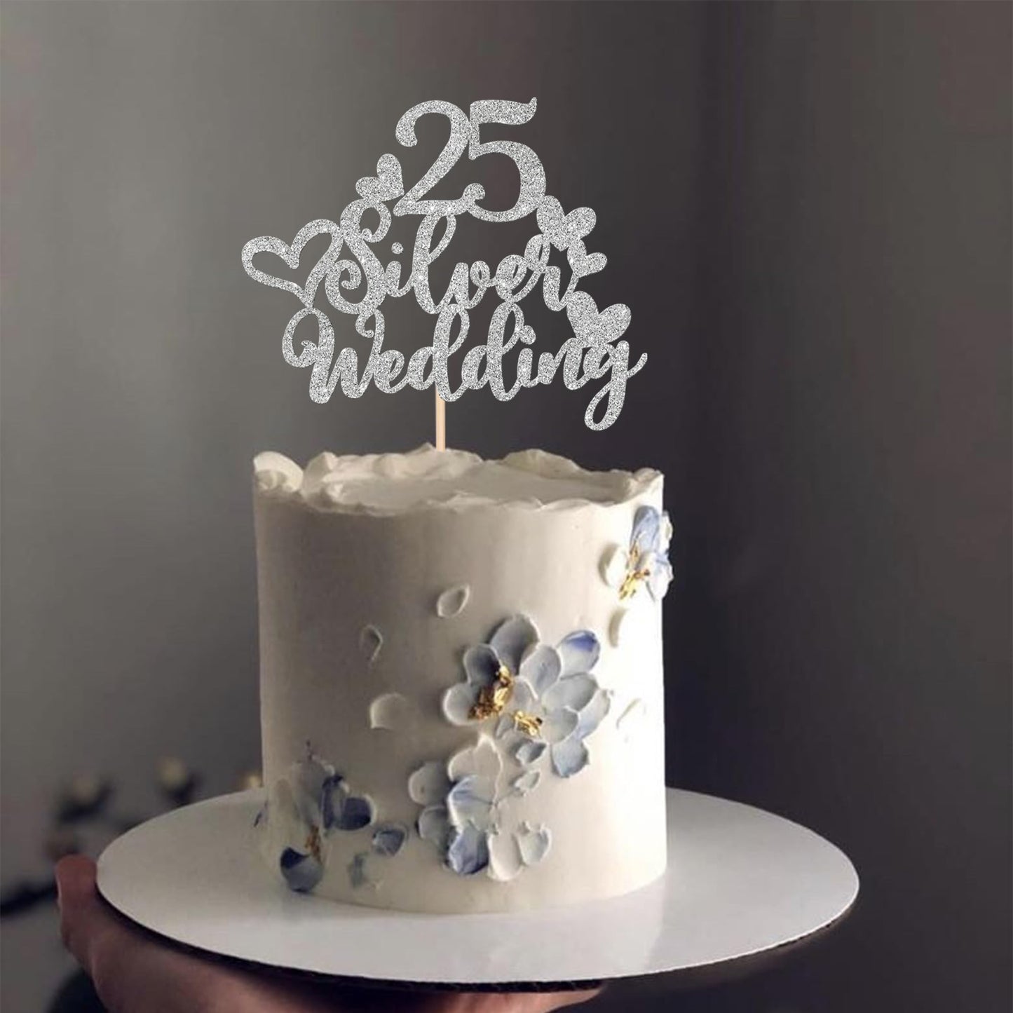 1 Pcs 25Th Wedding Anniversary Cake Topper Glitter Heart 25 Silver Wedding Cake Pick Cheers To 25 Years Cake Decoration For Happ