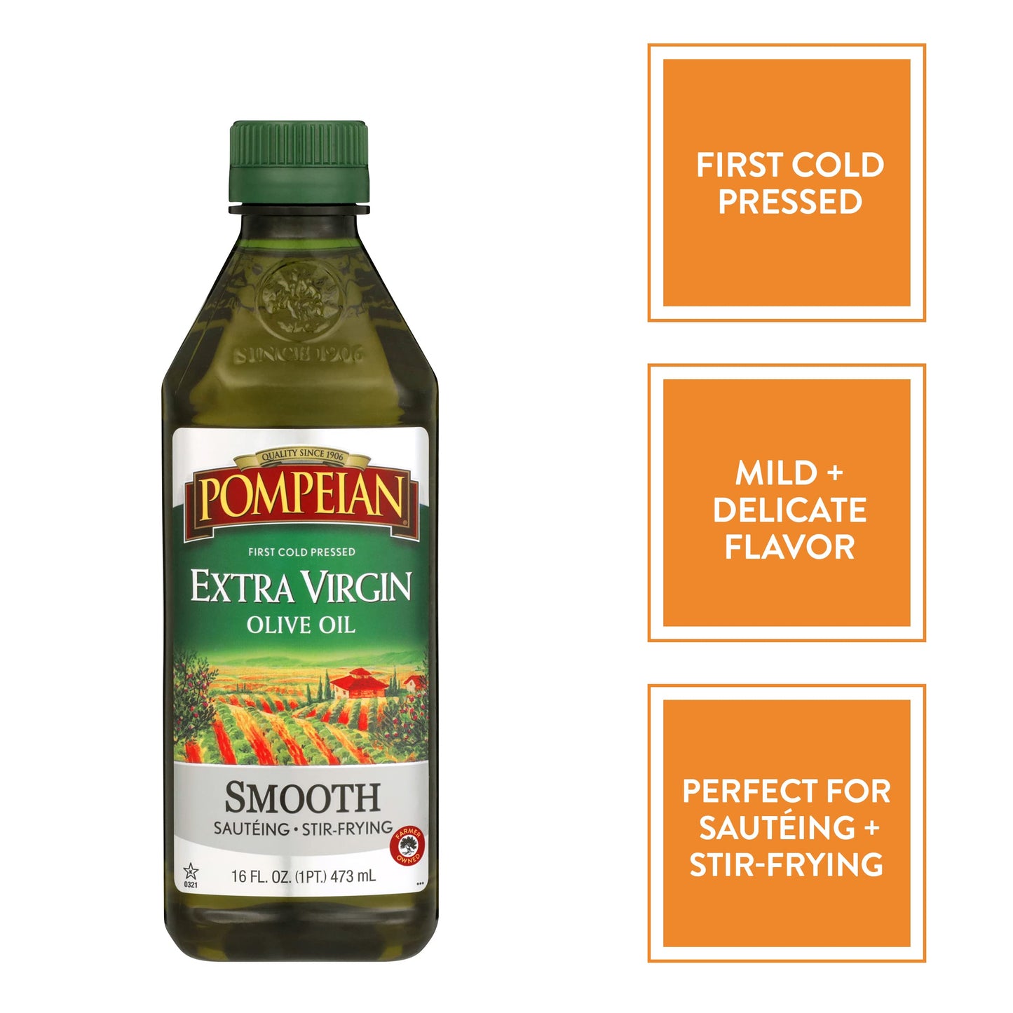 Pompeian Smooth Extra Virgin Olive Oil, First Cold Pressed, Mild and Delicate Flavor, Perfect for Sauteing and Stir-Frying, Natu