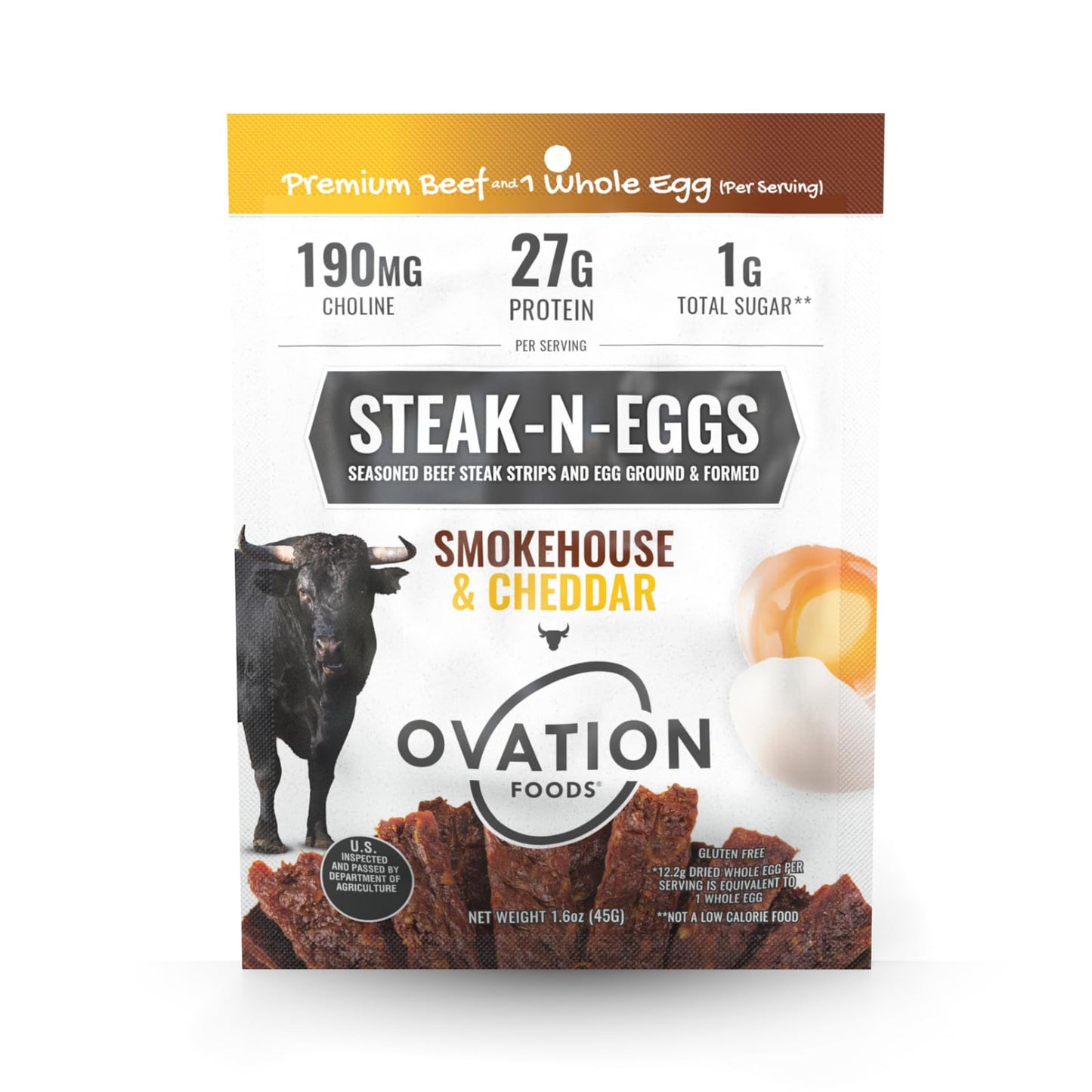 Ovation Foods Steak-N-Eggs Top-Grade Beef Layers With 1 Whole Egg  1G Total Sugar  High-Protein Jerky (27G Top-Grade Protein)  Gluten Free  Keto  Paleo 1.6Oz Bag - Smokehouse & Cheddar