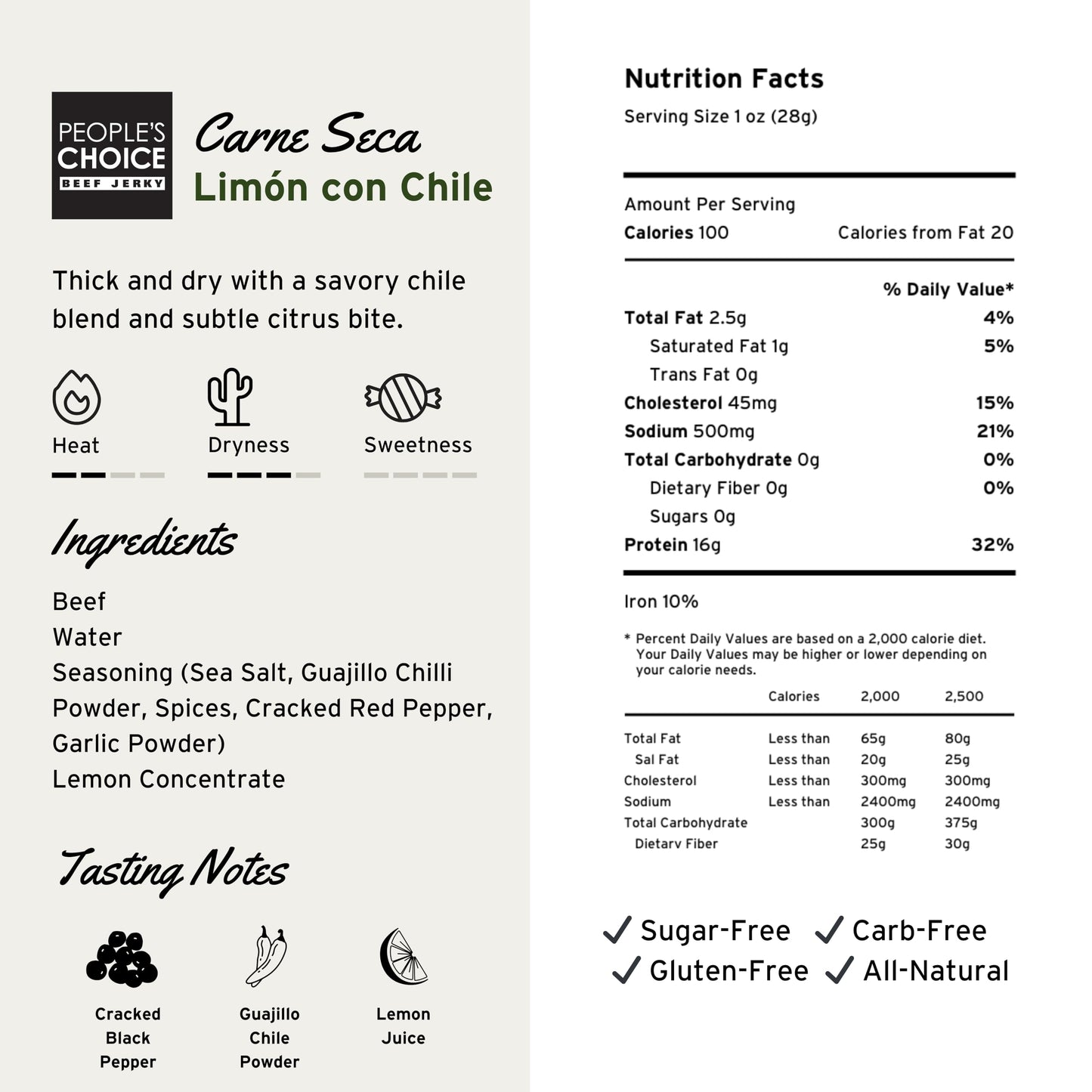 Peoples Choice Beef Jerky - Carne Seca - Lim  n Con Chile - 16g Protein - Sugar Free, Zero Carb, Keto Friendly - Dry Texture - M