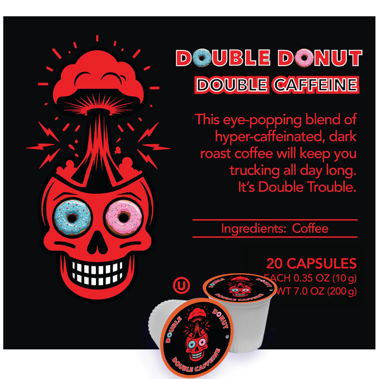 Double Donut Coffee Pods, Extra Strong Dark Roast, Compatible with Keurig, 20 Count