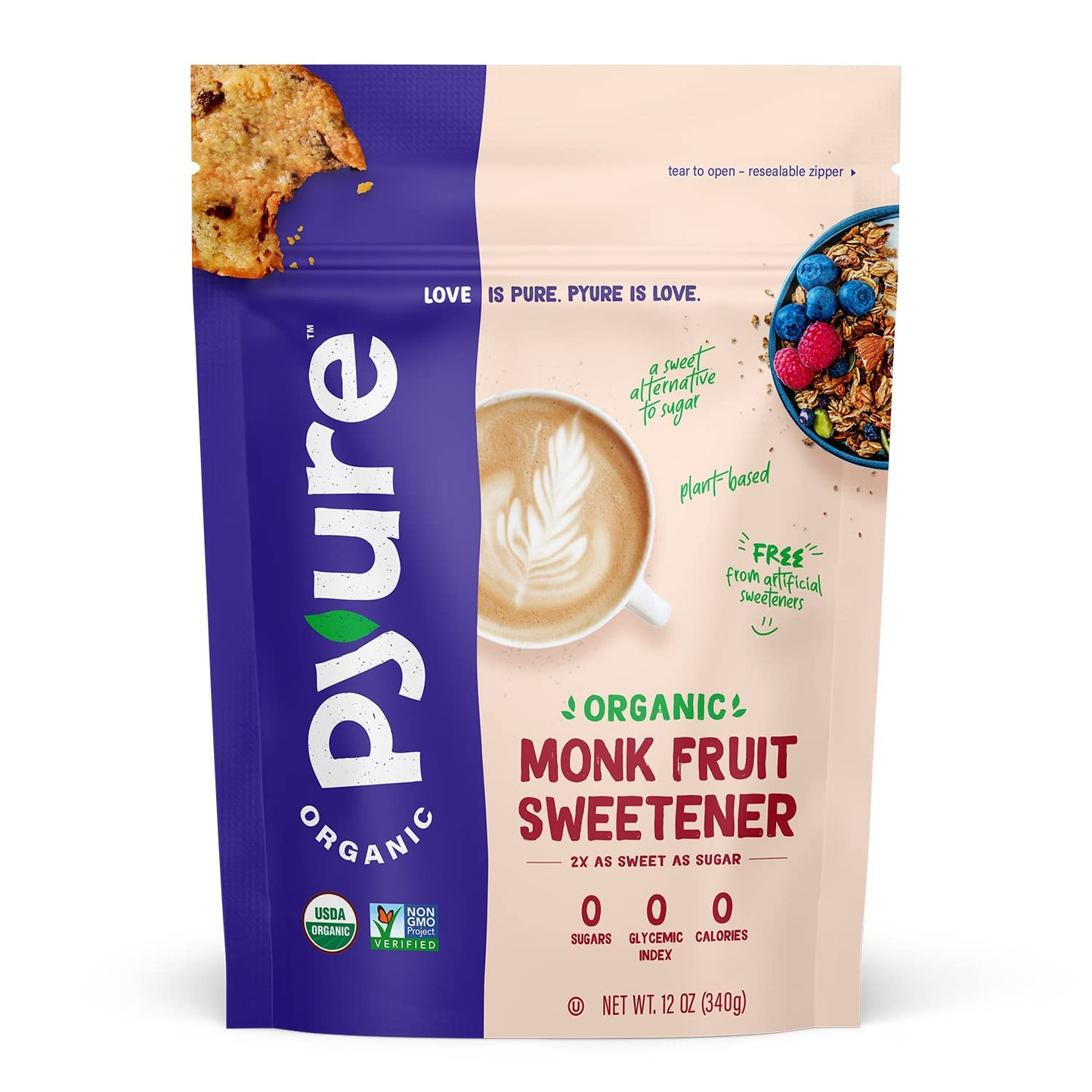 Pyure Organic Monk Fruit Sweetener | Granulated White Sugar Substitute | Zero Carb, Zero Sugar, Zero Calorie | Plant-Based Monk