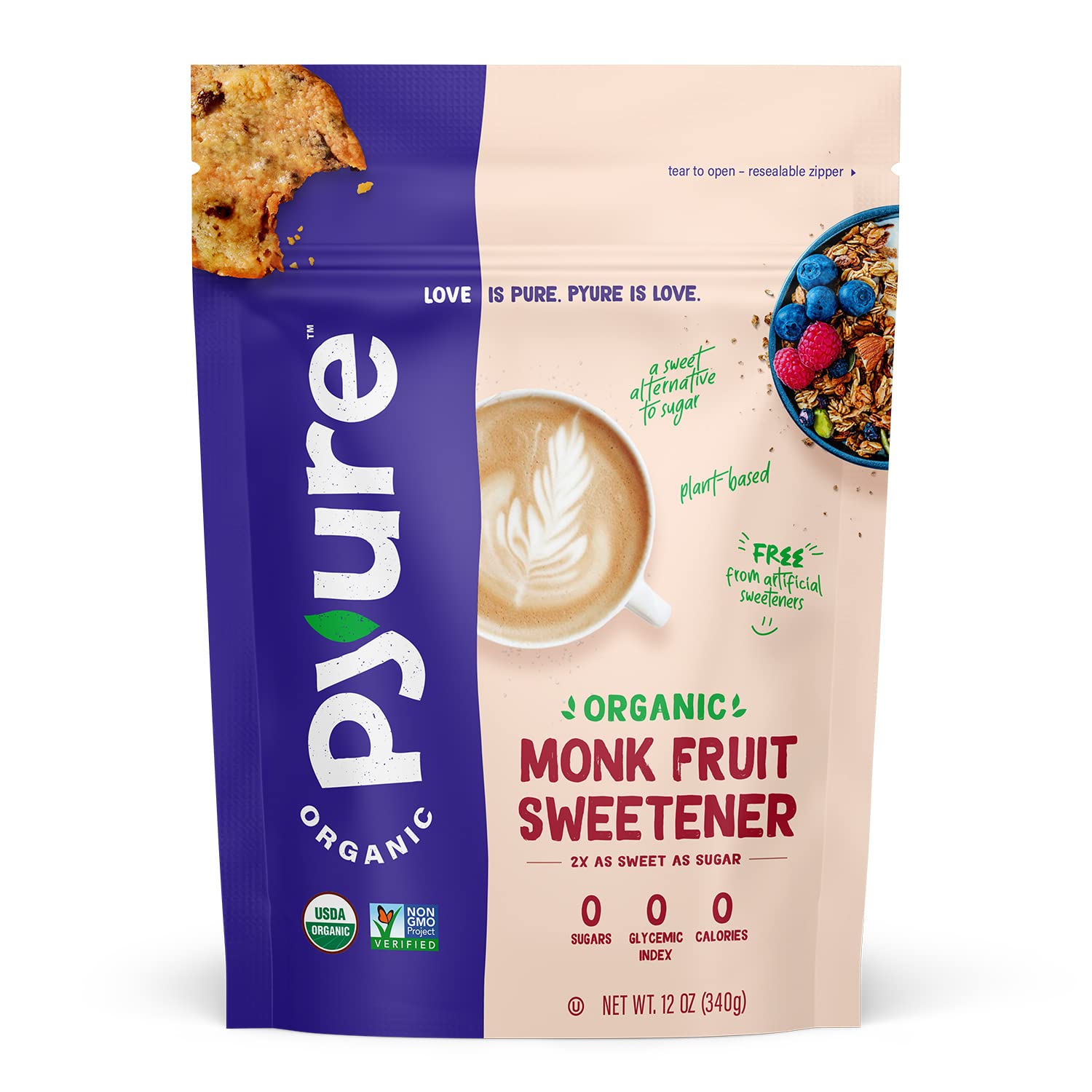 Pyure Organic Monk Fruit Sweetener | Granulated White Sugar Substitute | Zero Carb, Zero Sugar, Zero Calorie | Plant-Based Monk