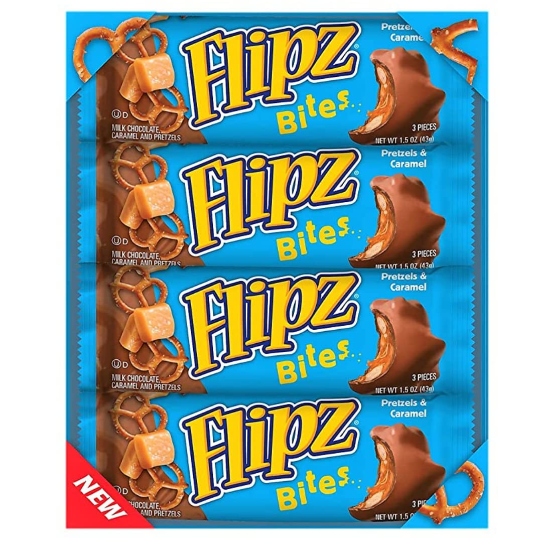 Flipz Bites Bar - Milk Chocolate, Caramel & Pretzels (1.5oz, 3-Piece Bar, 24 Count), Perfect Sweet, Salty, & Crunchy Snack For A