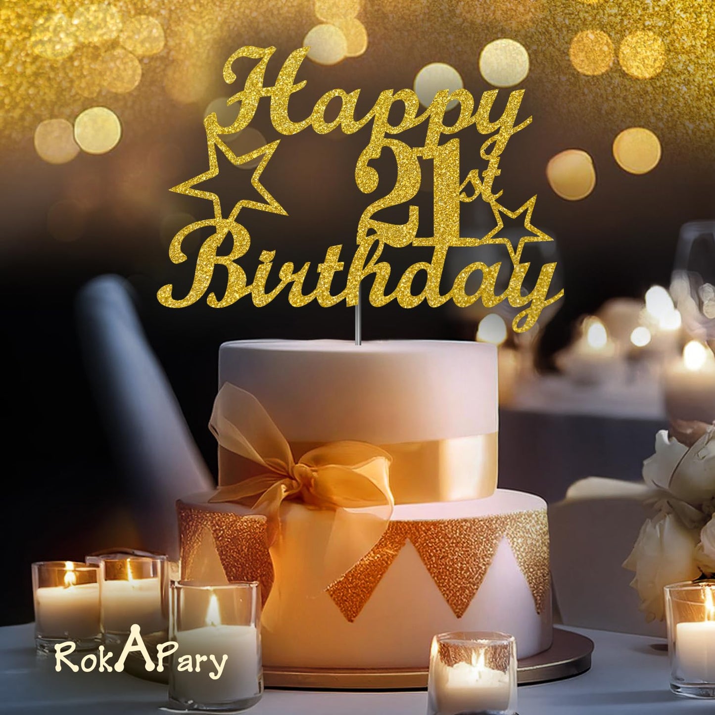 RokAPary 21 Birthday Cake Topper Gold Glitter, Acrylic, 1 Count, Sturdy Double-Sided, Made in USA