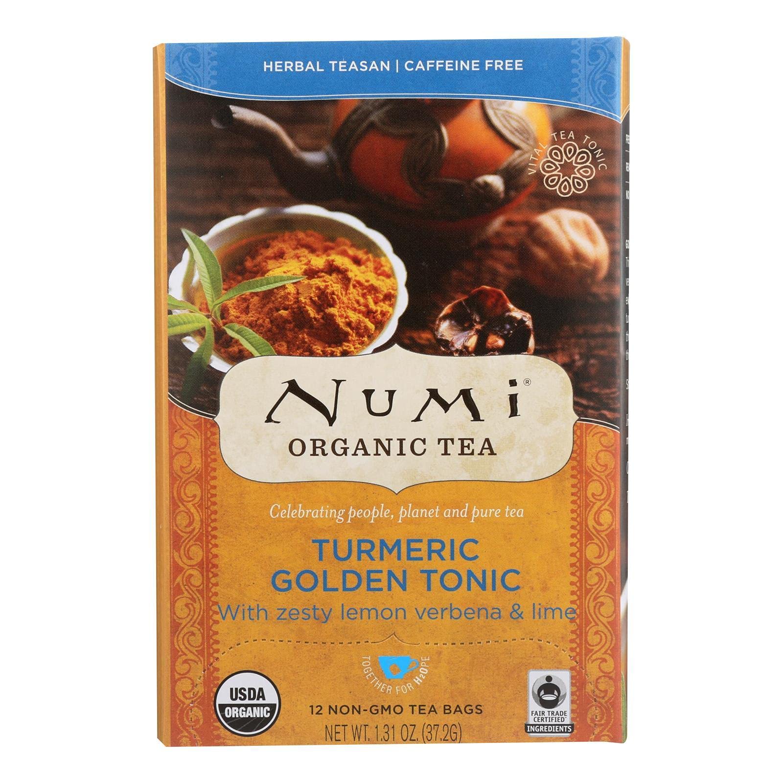 Numi Organic Golden Tonic Turmeric Tea - 12 Bags Per Pack - 6 Packs Per Case.