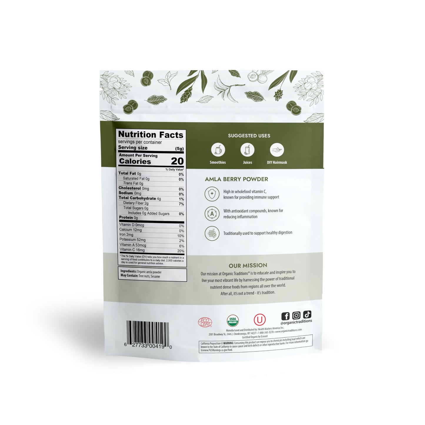 Organic Traditions Organic Amla Berry Powder, Powdered Amla Indian Gooseberry, Non-GMO Organic Powdered Fruit Superfood, 1lb Bag