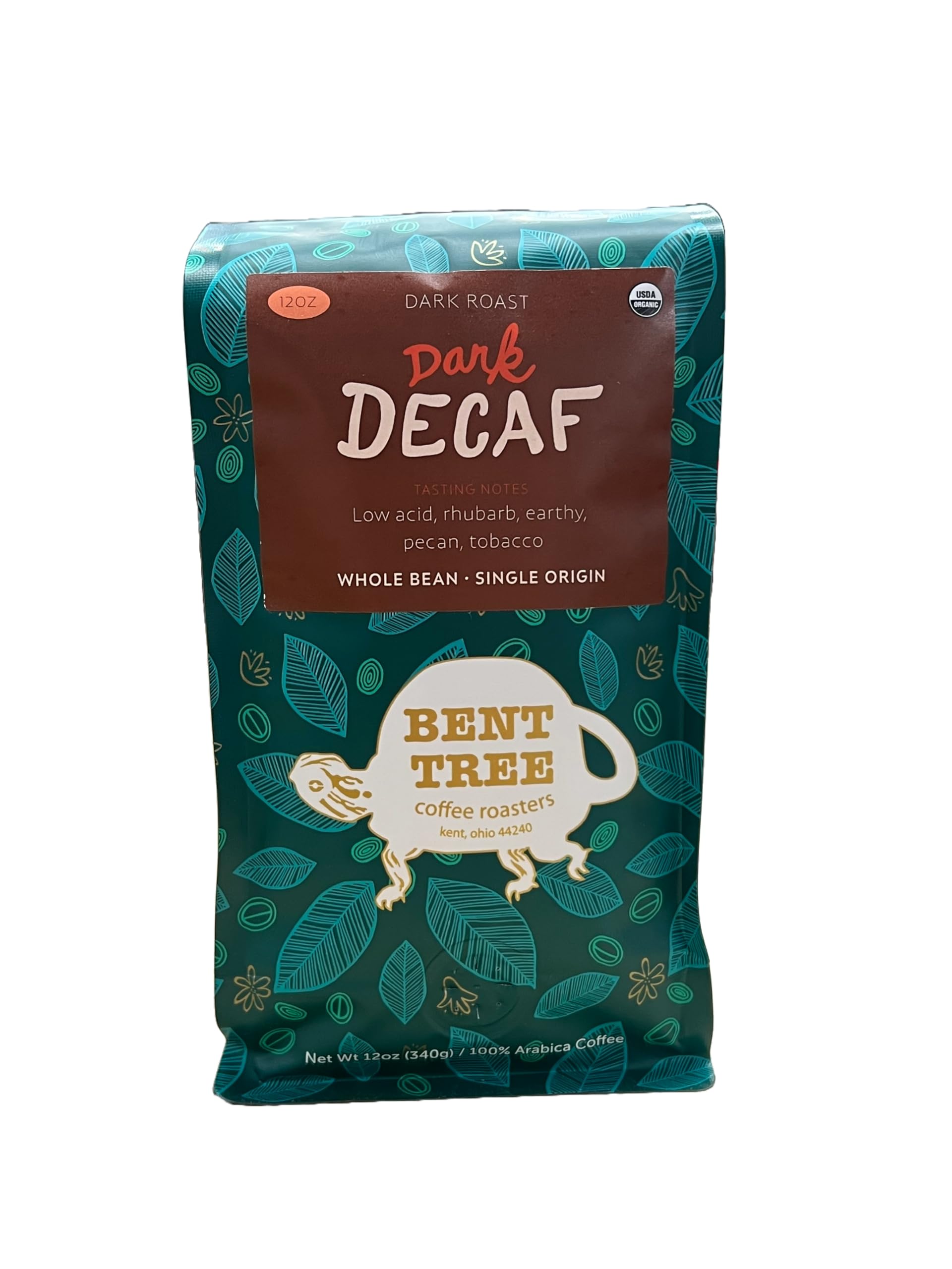 Bent Tree Coffee Roasters Organic Decaf Dark Roast Whole Bean Coffee, 12oz, Low Acid, Earthy Flavor