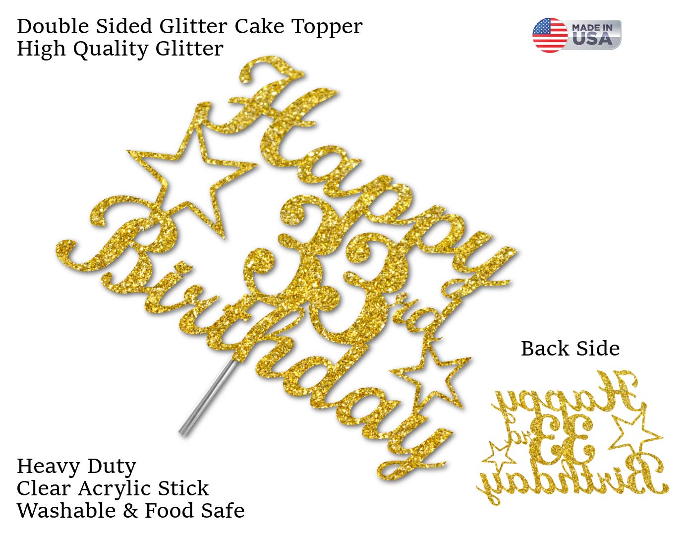 33 Birthday Cake Topper Gold Glitter, Party Decoration Ideas, Premium Quality, Sturdy Doubled Sided Glitter, Acrylic Stick. Made
