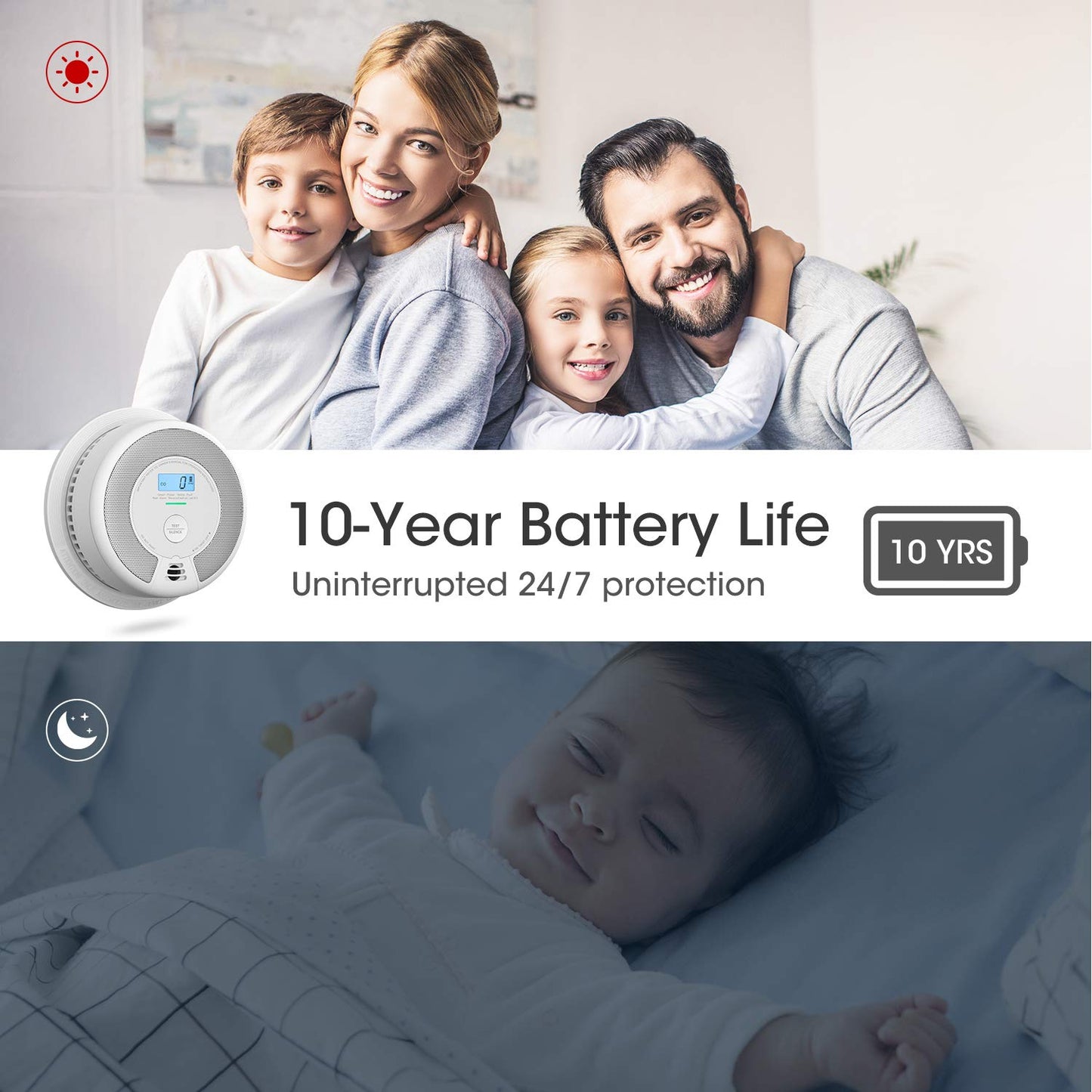X-Sense 10-Year Battery Combination Smoke Carbon Monoxide Alarm Detector With Large Lcd Display, Standalone Model, 5-Pack