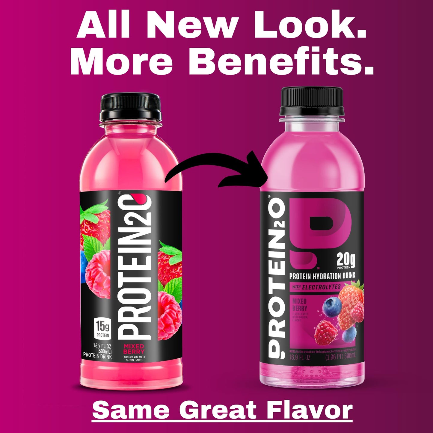 Protein2o Hydration Drink - Liquid Clear Whey Protein Isolate & Electrolyte - 20g Protein - 16.9 Fl Oz - Pack of 12 - Mixed Berry
