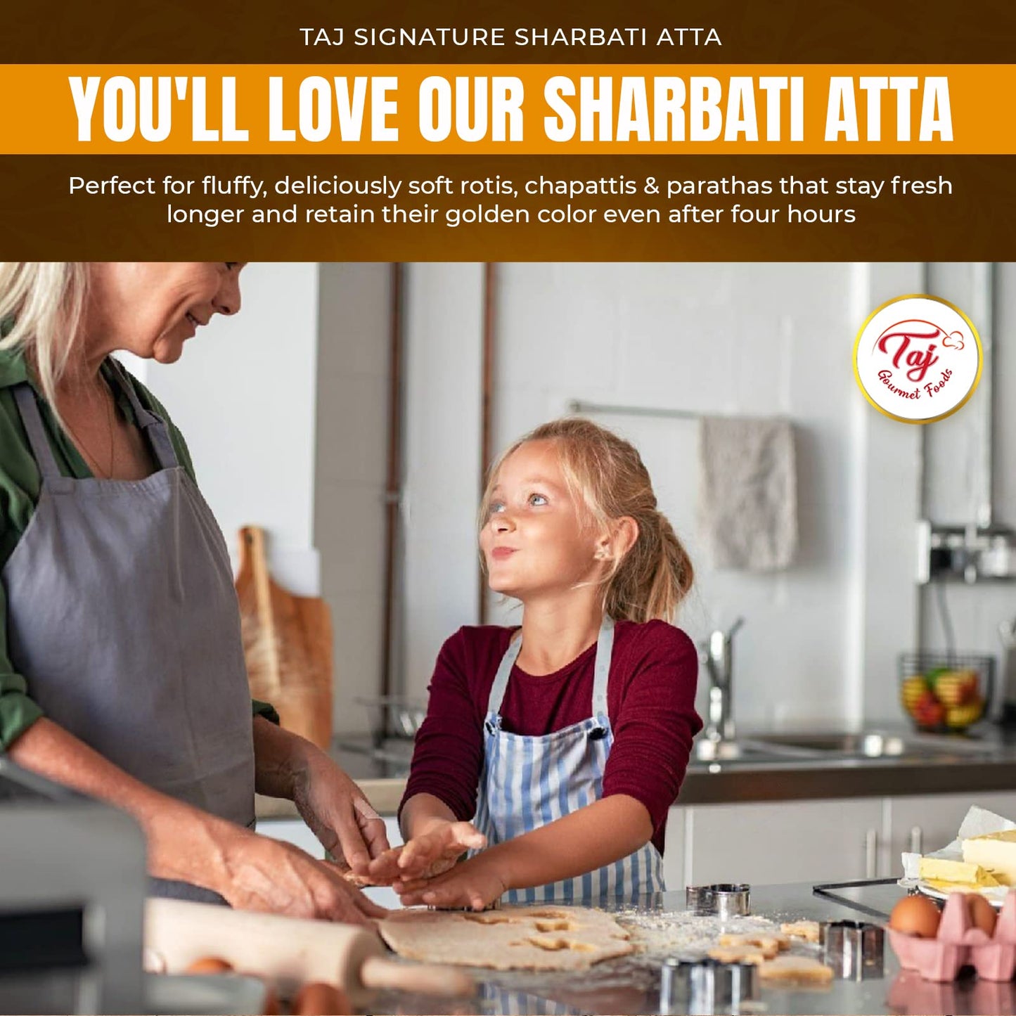 Taj Signature Sharbati Atta, 4Lbs (Chakki Atta - Stone Ground) 100% Whole Wheat Flour, Chappati Flour