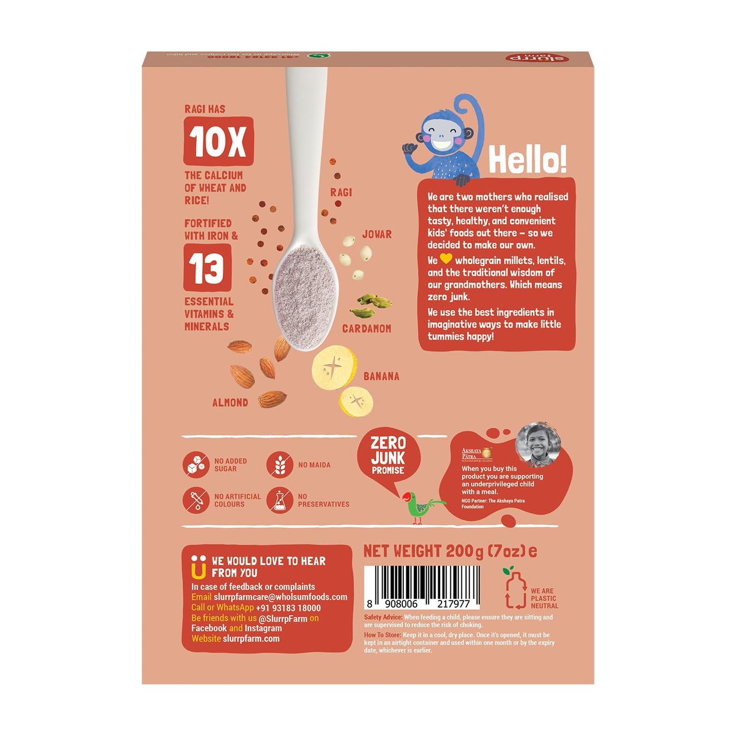 Slurrp Farm No Sugar, No Salt Ragi, Almond And Banana Cereal | 100% Sprouted Ragi | Healthy Cereal | No Milk | No Preservatives,