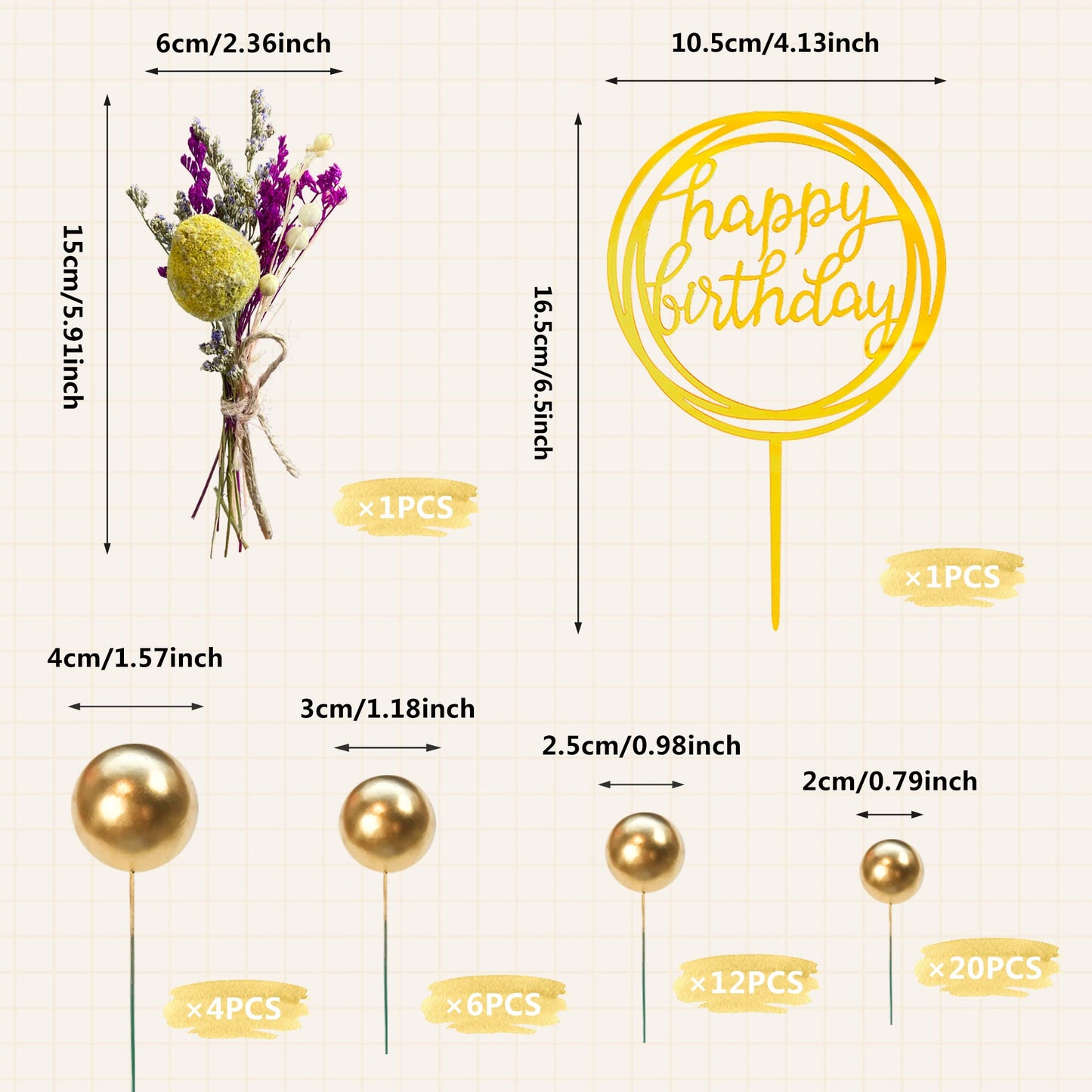 44 Pcs Mini Balls Cake Topper Diy Cake Insert Topper Foam Cake Balls Faux Pearl Balls Artificial Dried Flowers Baking Decoration