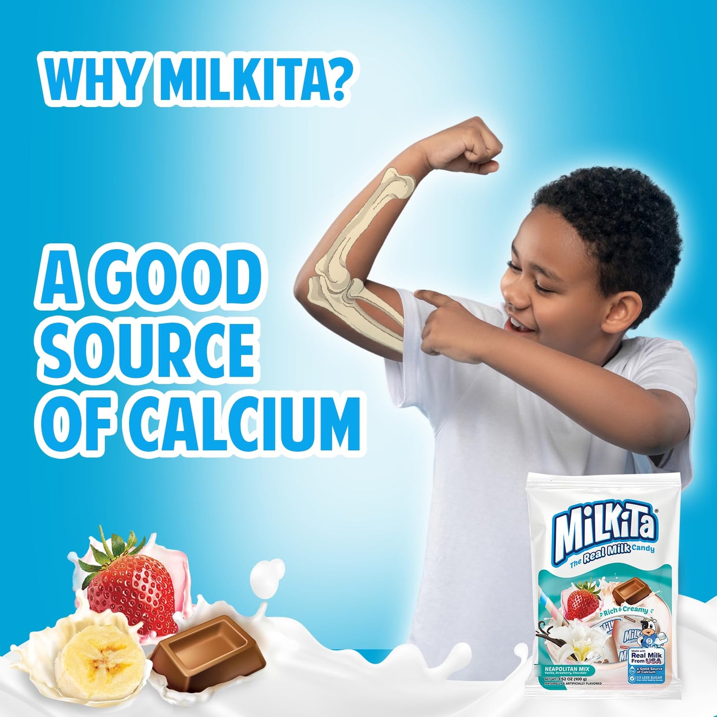 Milkita The Real Milk Lollipop Bag, Gluten Free Chewy Candies With Calcium & Real Milk, Zero Trans Fat, Low-Sugar, Smoothie Flavors (Strawberry, Chocolate, Banana), 10 Pcs