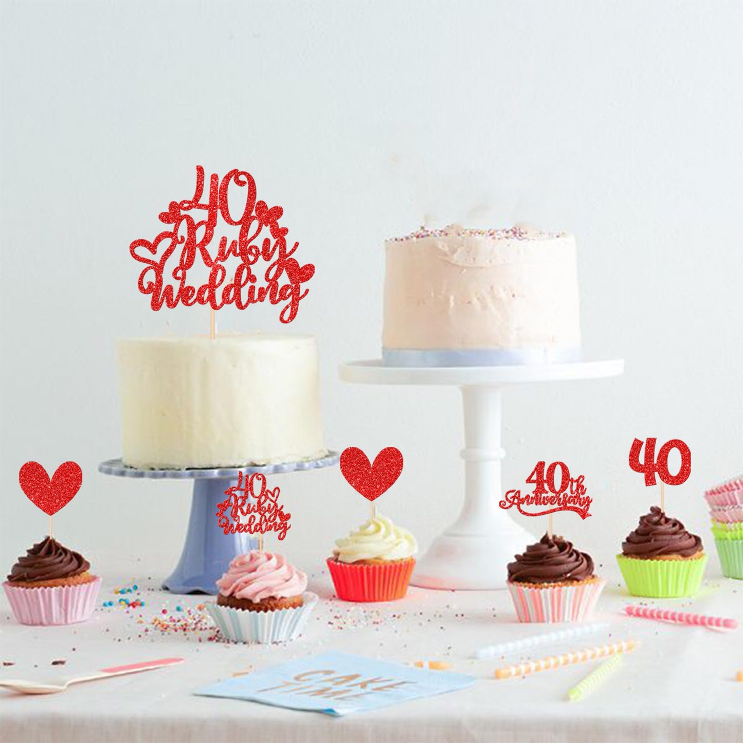 25 Pcs 40Th Anniversary Cupcake Toppers With Ruby Wedding Cake Topper Red Glitter Heart Cupcake Picks For 40Th Wedding Anniversa