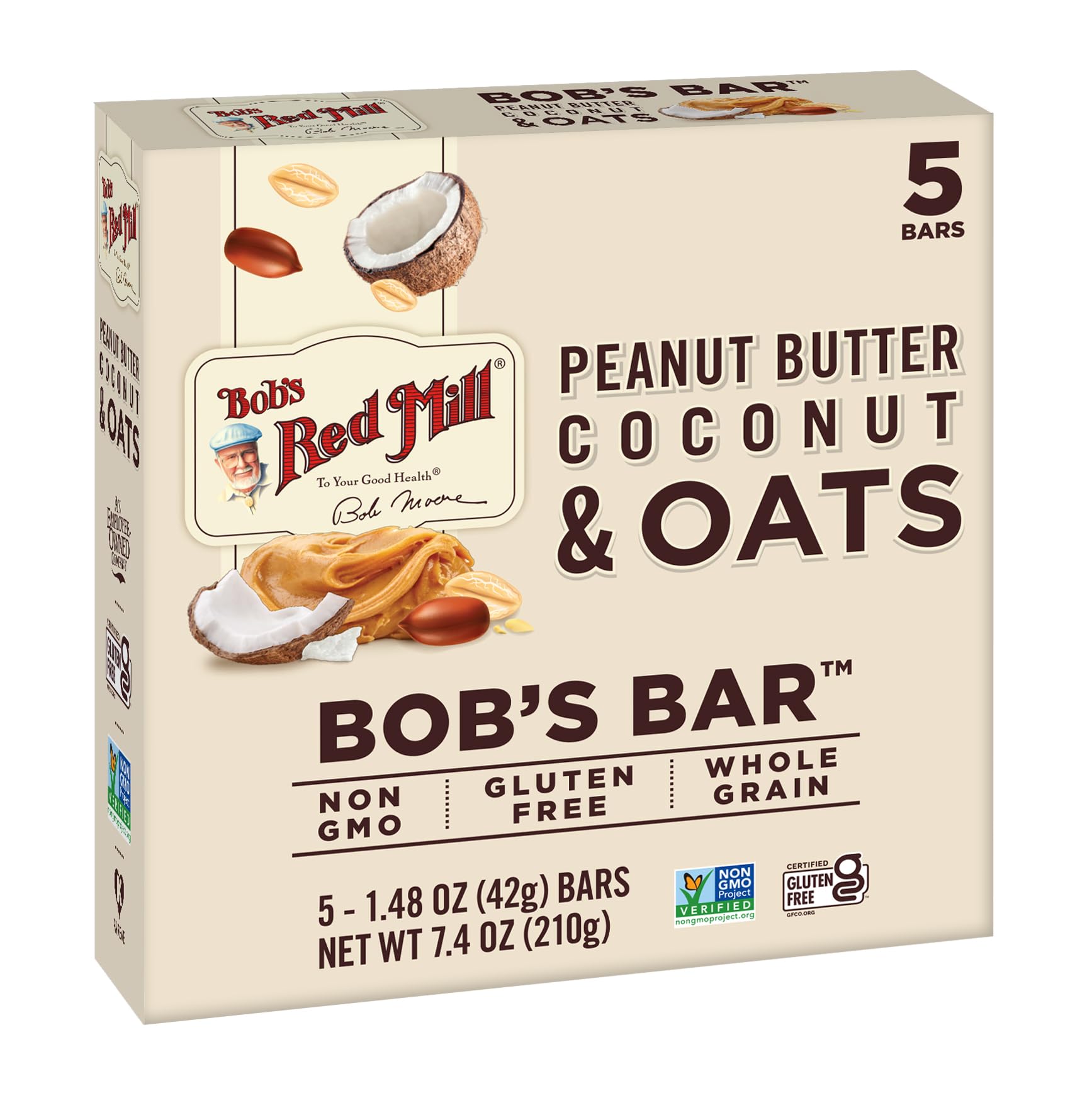 Bobs Red Mill Peanut Butter Coconut & Oats Bar, 5 Count, Non-GMO, Gluten Free, Kosher, Model P110879