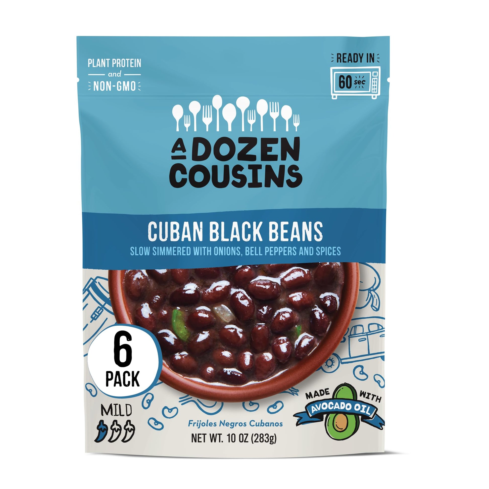A Dozen Cousins Seasoned Beans, Vegan and Non-GMO Meals, Microwaveable Beans Ready to Eat Made with Avocado Oil (Black Beans, 6 