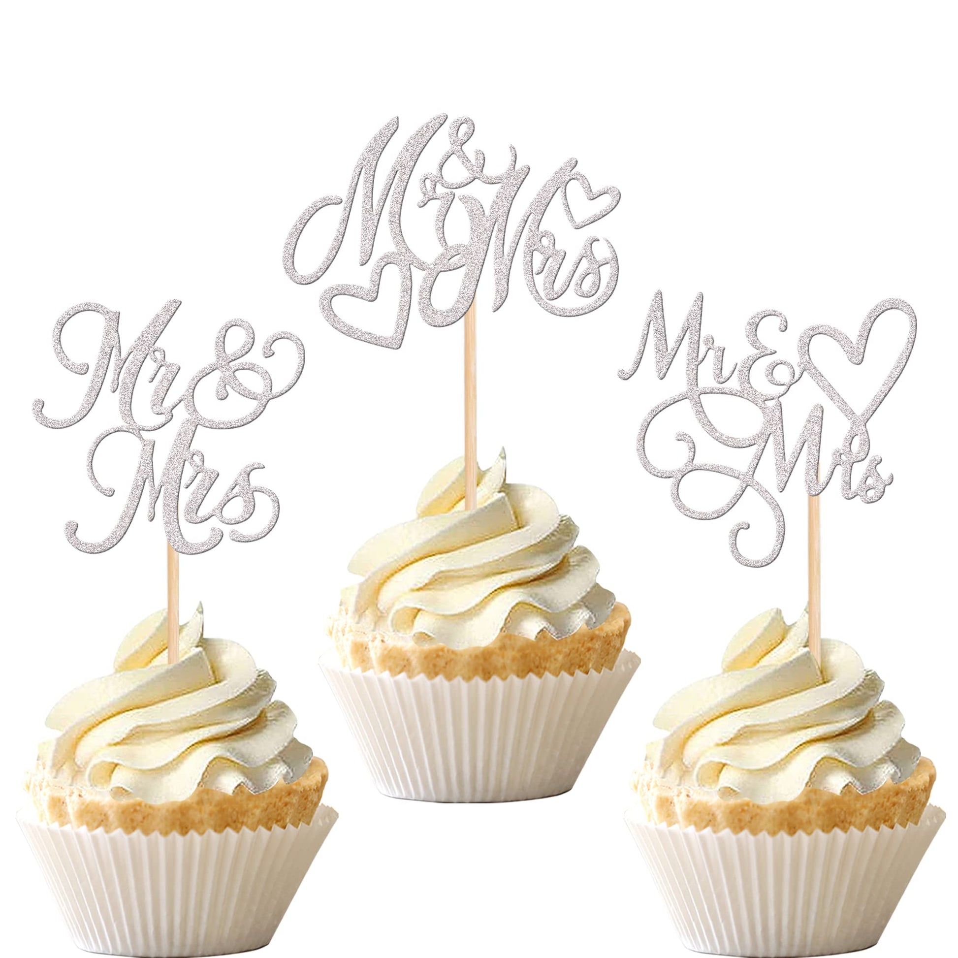 24 PCS Mr & Mrs Cupcake Toppers Glitter Love Heart We're Engaged Cupcake Picks Decoration for Wedding Engagement Bridal Shower B