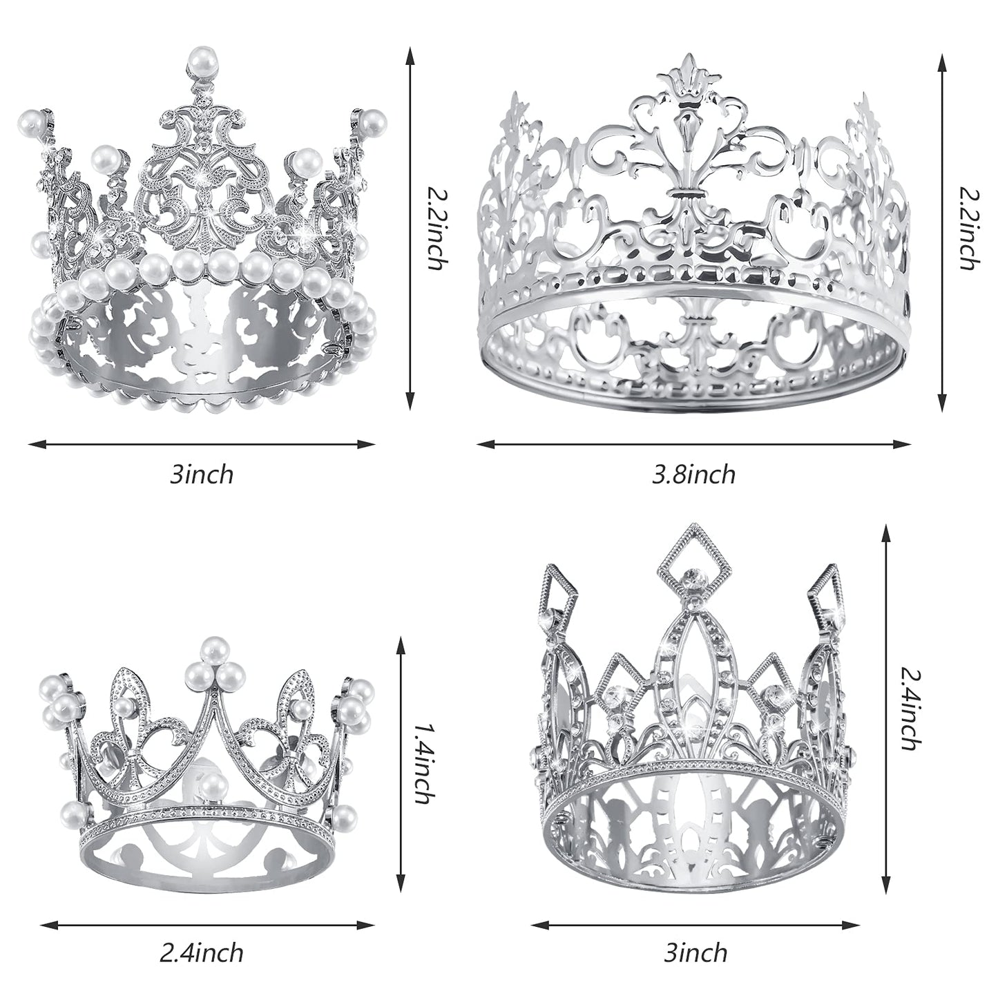 4 Pieces Silver Crown Cake Topper Birthday Mini Flower Bouquet Crown Cupcake Toppers Crystal Pearl Tiara Wedding Crown Cake Top
