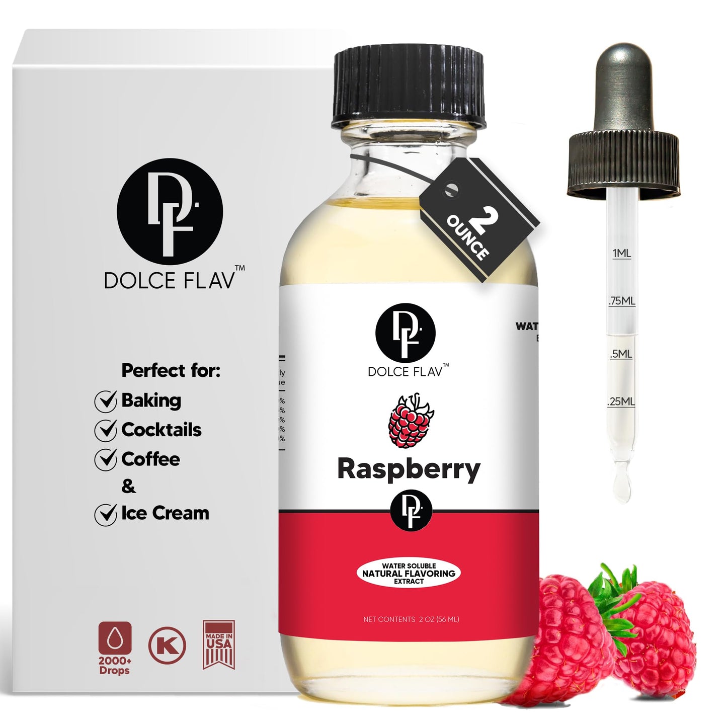 Dolce Flav Natural Raspberry Extract – Sugar-Free, Concentrated Flavoring for Baking & Beverages, 2 oz