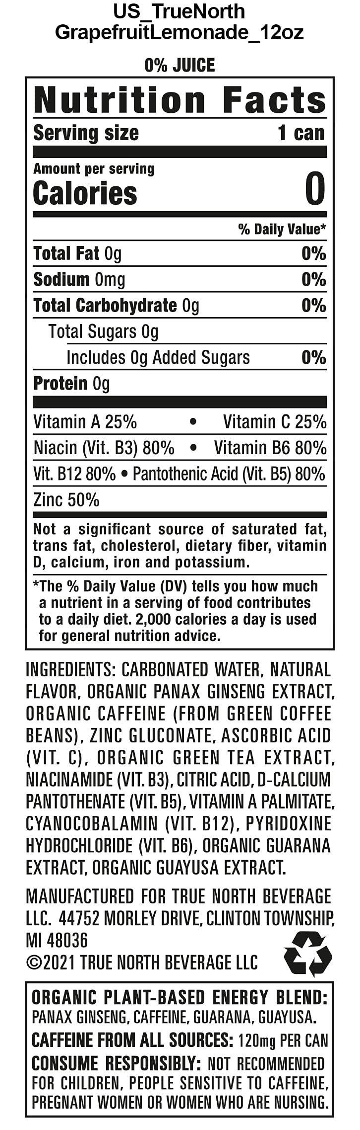 True North Pure Energy Seltzer, Grapefruit Lemonade, 12 Fl Oz (Pack Of 12)