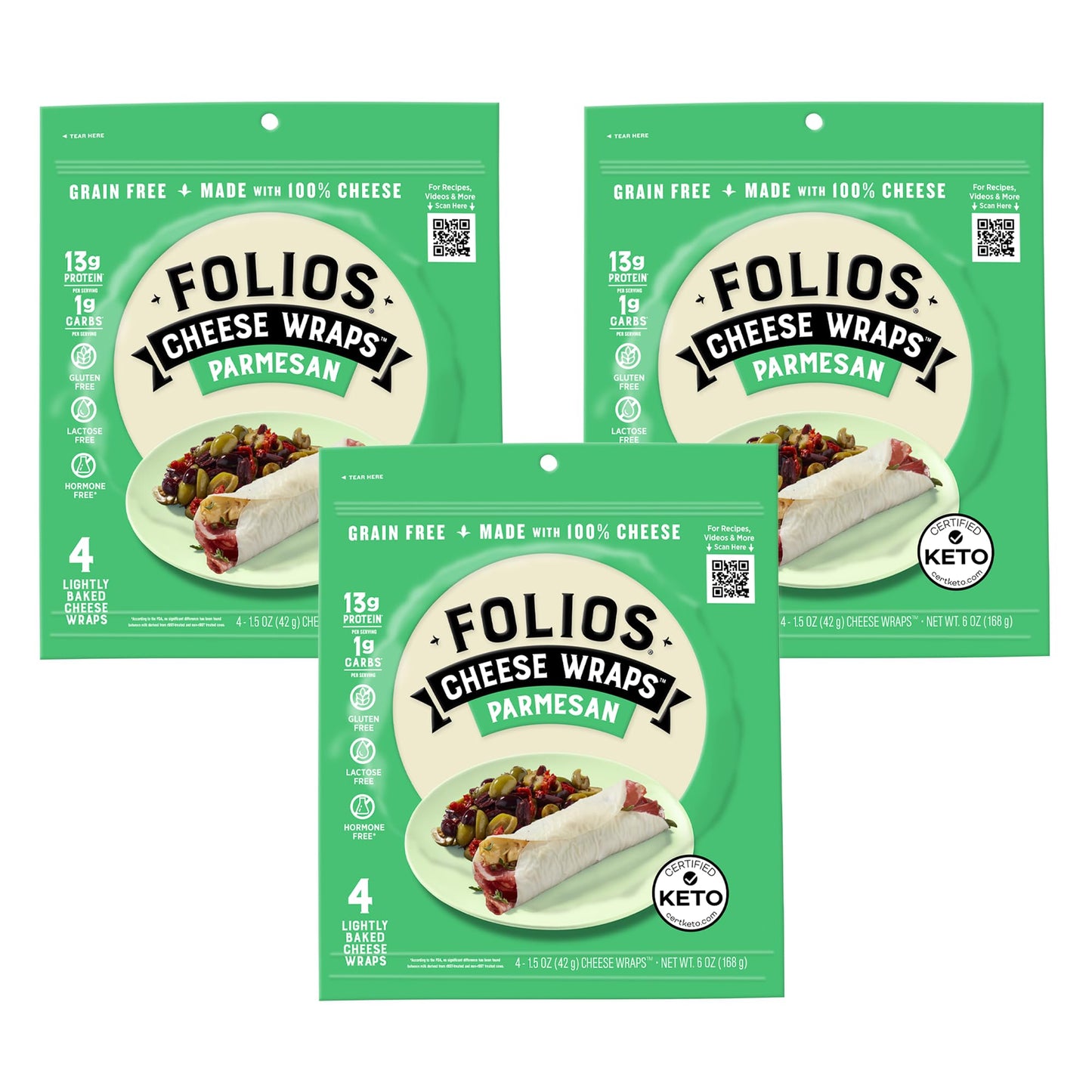 Folios Cheese Wraps, Parmesan Flavor, Gluten Free, 6 Ounce (Pack of 3)