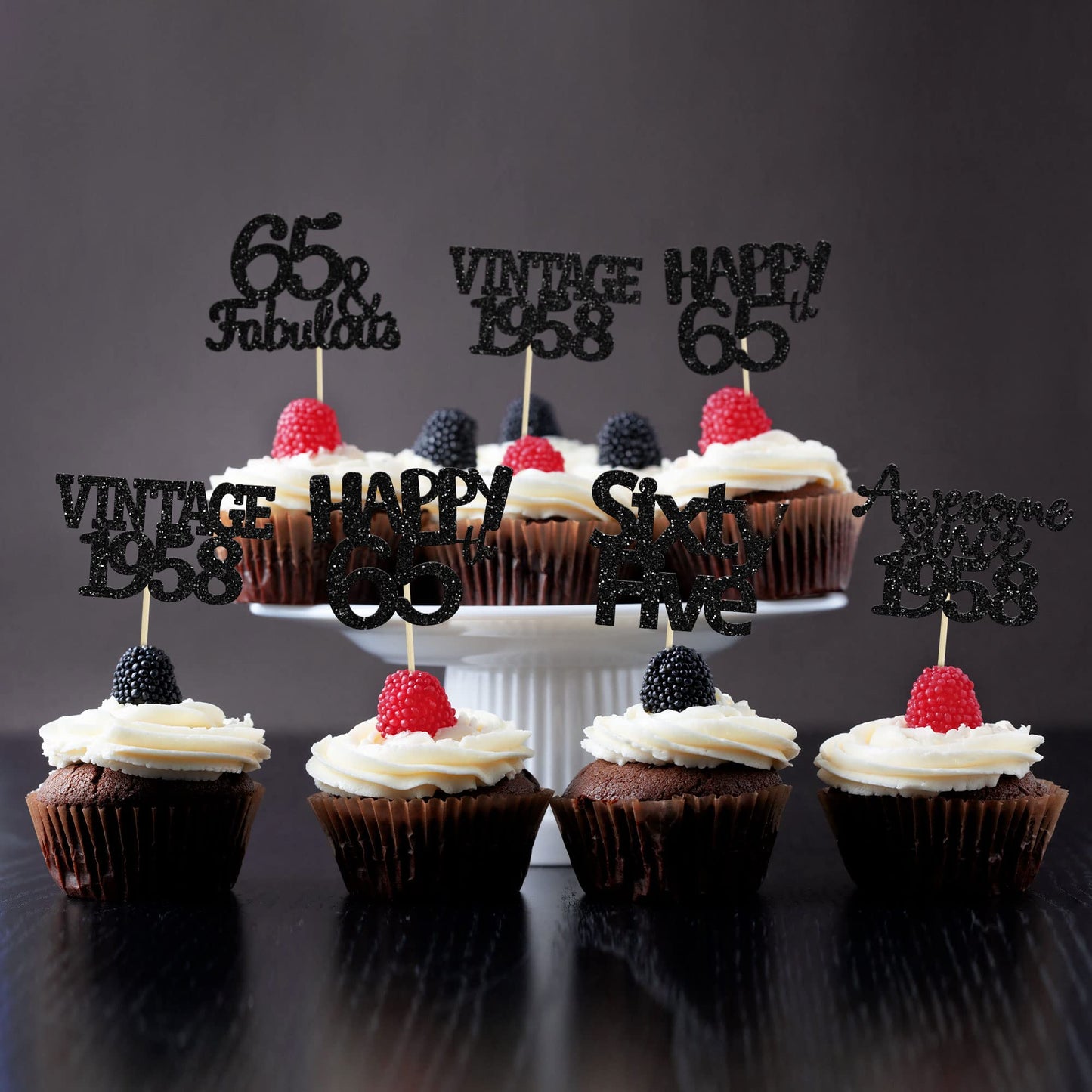 Gyufise 30 Pack Gold Glitter 65th Birthday Cupcake Toppers Vintage 1958 Cake Toppers Hello 65 Cake Topper Sixty Five 65 & Fabulo
