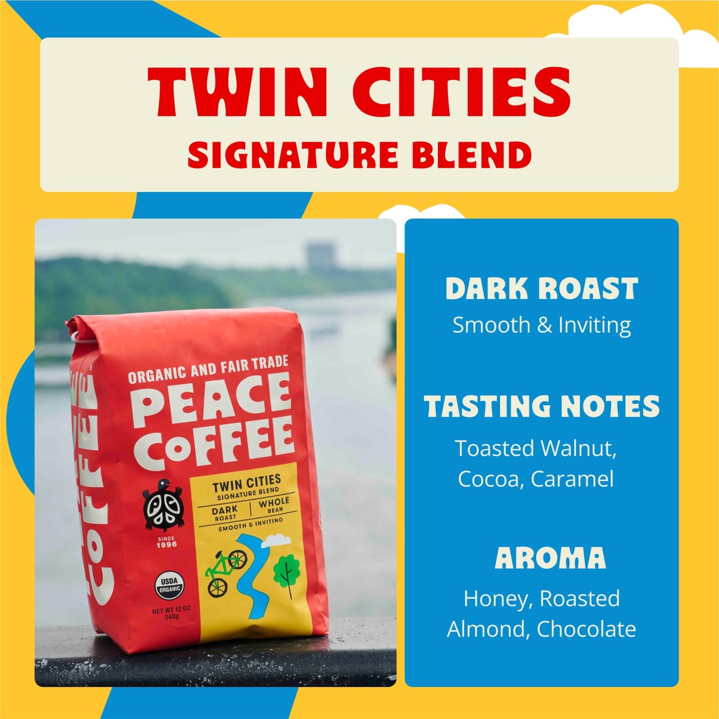 Peace Coffee Twin Cities Blend | 20 Oz Ground Dark Roast | Organic Fair Trade | Smooth, Inviting Flavor | Shade Grown, Fresh Roa