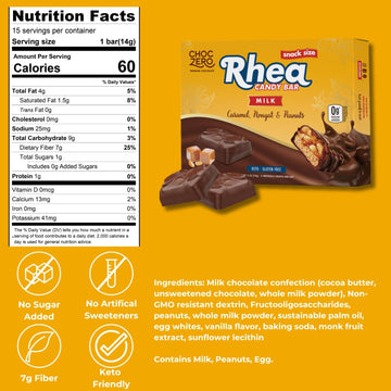 Choczero Milk Chocolate Peanut & Caramel Nougat Candy Bar, Zero Sugar Added, High Fiber, Sharing Size Rhea Bars (15 Per Box)