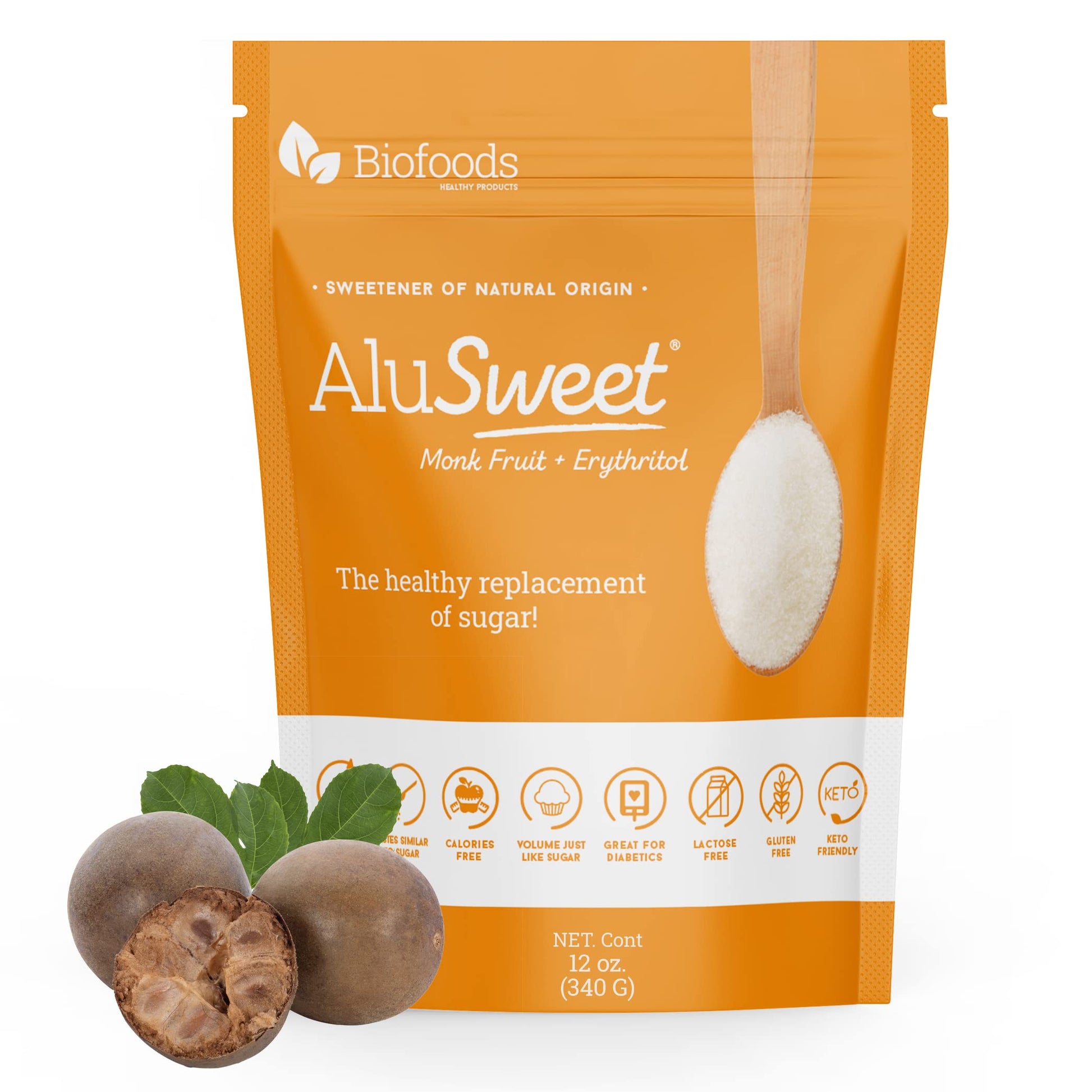 Alusweet Monk Fruit Sweetener With Erythritol Zero Calorie - 12 Oz - 1:1 Sugar Substitute, Keto-Friendly, Gluten-Free, Organic,