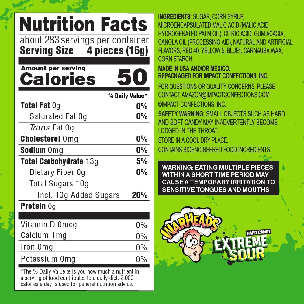 WARHEADS - Extreme Sour Hard Candy - Sour Apple  Black Cherry  Blue Raspberry  Lemon & Watermelon Flavors  Great For Parades - 10 lb. Bulk Bag