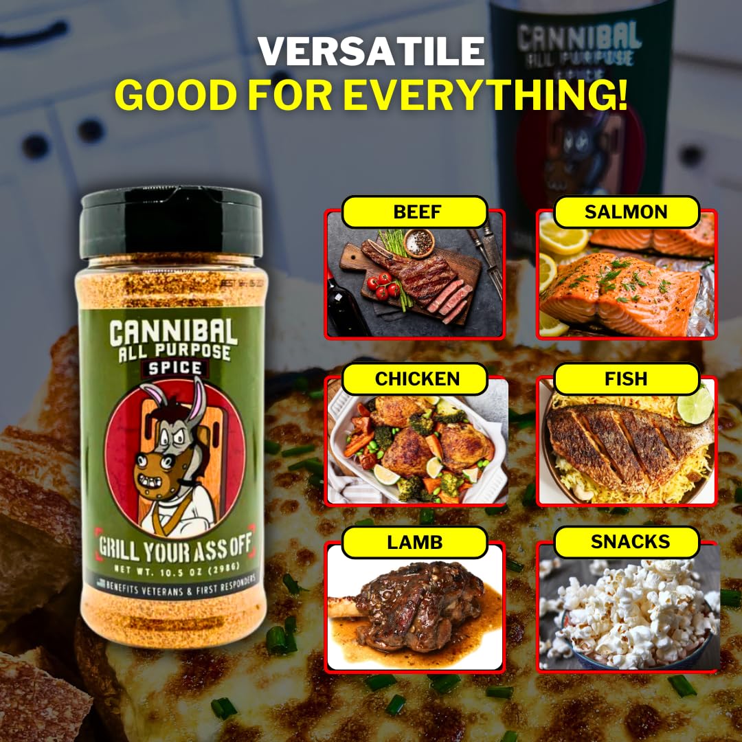 Grill Your As* Off Cannibal Bbq Seasoning – 10Oz Chili-Based Southern Texas Bbq Rub For Steak, Beef & Burgers – Msg & Gluten Free – Usa Made & Veteran Owned