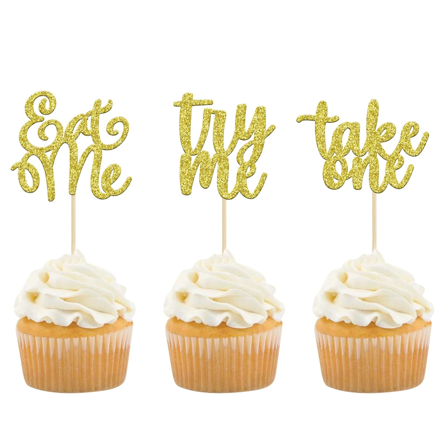 Gyufise 24 Pack Eat Me Cupcake Toppers Try Me Take One Gold Glitter Alice in Wonderland Cupcake Picks Decorations for Baby Showe