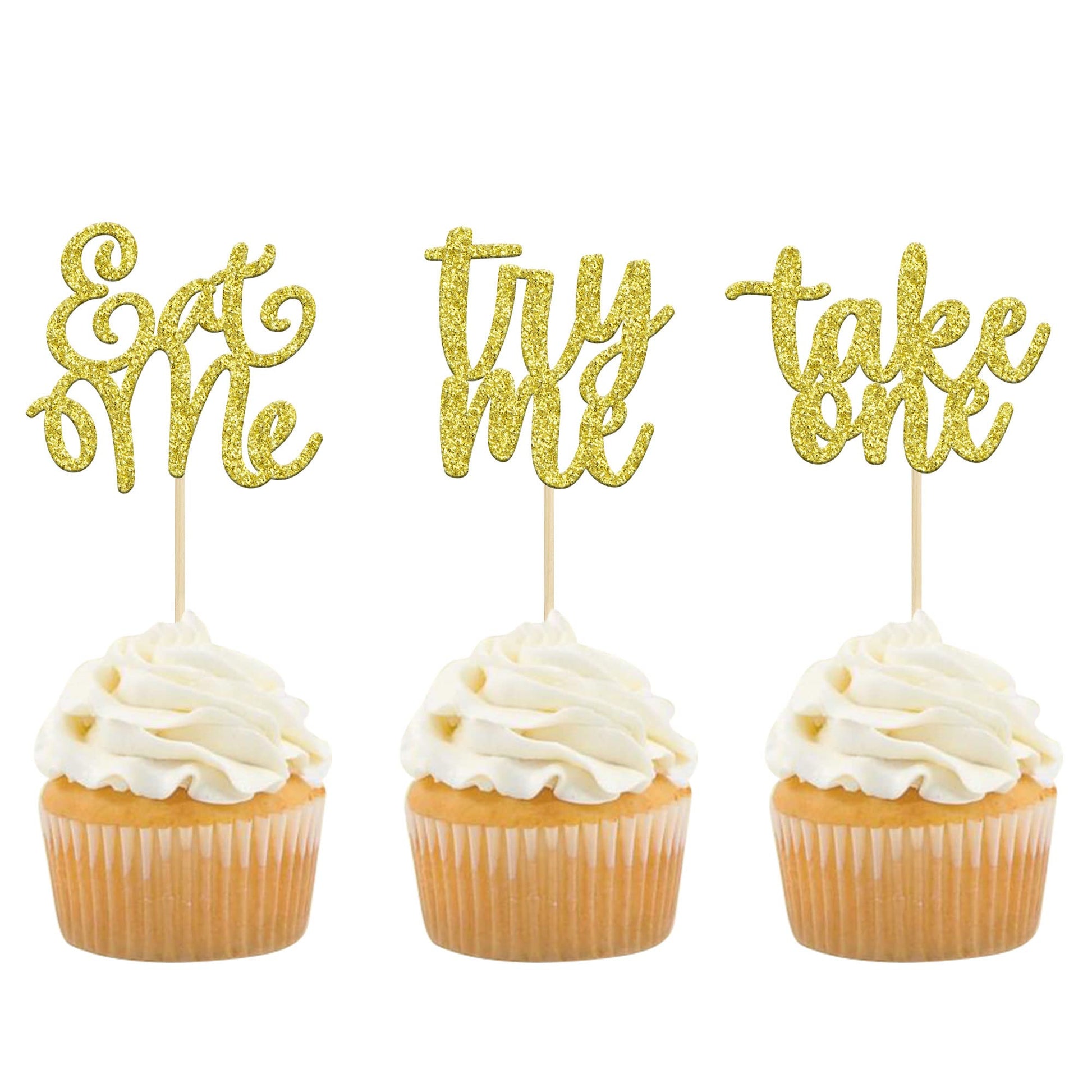 Gyufise 24 Pack Eat Me Cupcake Toppers Try Me Take One Gold Glitter Alice in Wonderland Cupcake Picks Decorations for Baby Showe
