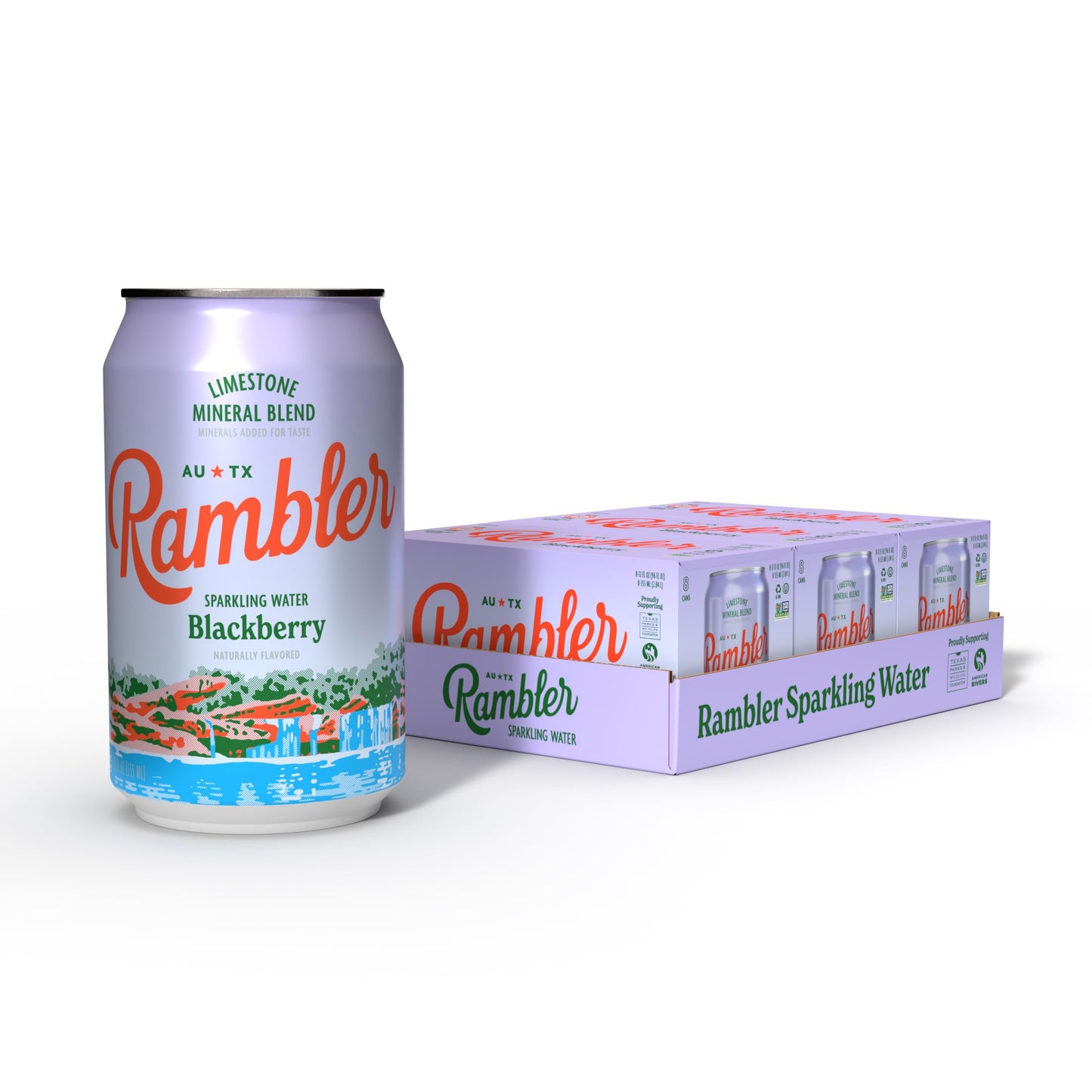 Autx Rambler Blackberry Sparkling Water, Limestone Mineral Blend, Three 8-Packs (24 Cans)