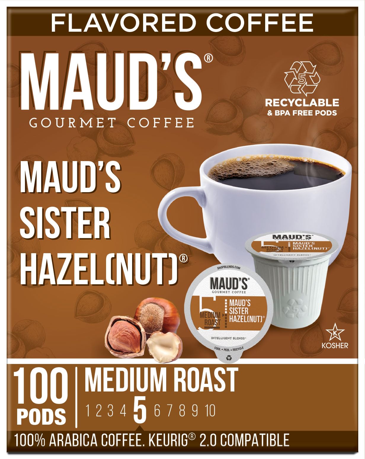 Mauds Sweet Hazelnut Flavored Coffee Pods  100 ct | Sister Hazelnut Flavor | 100% Arabica Medium Roast Coffee | Solar Energy Produced Recyclable Pods Compatible with Keurig K Cups Maker