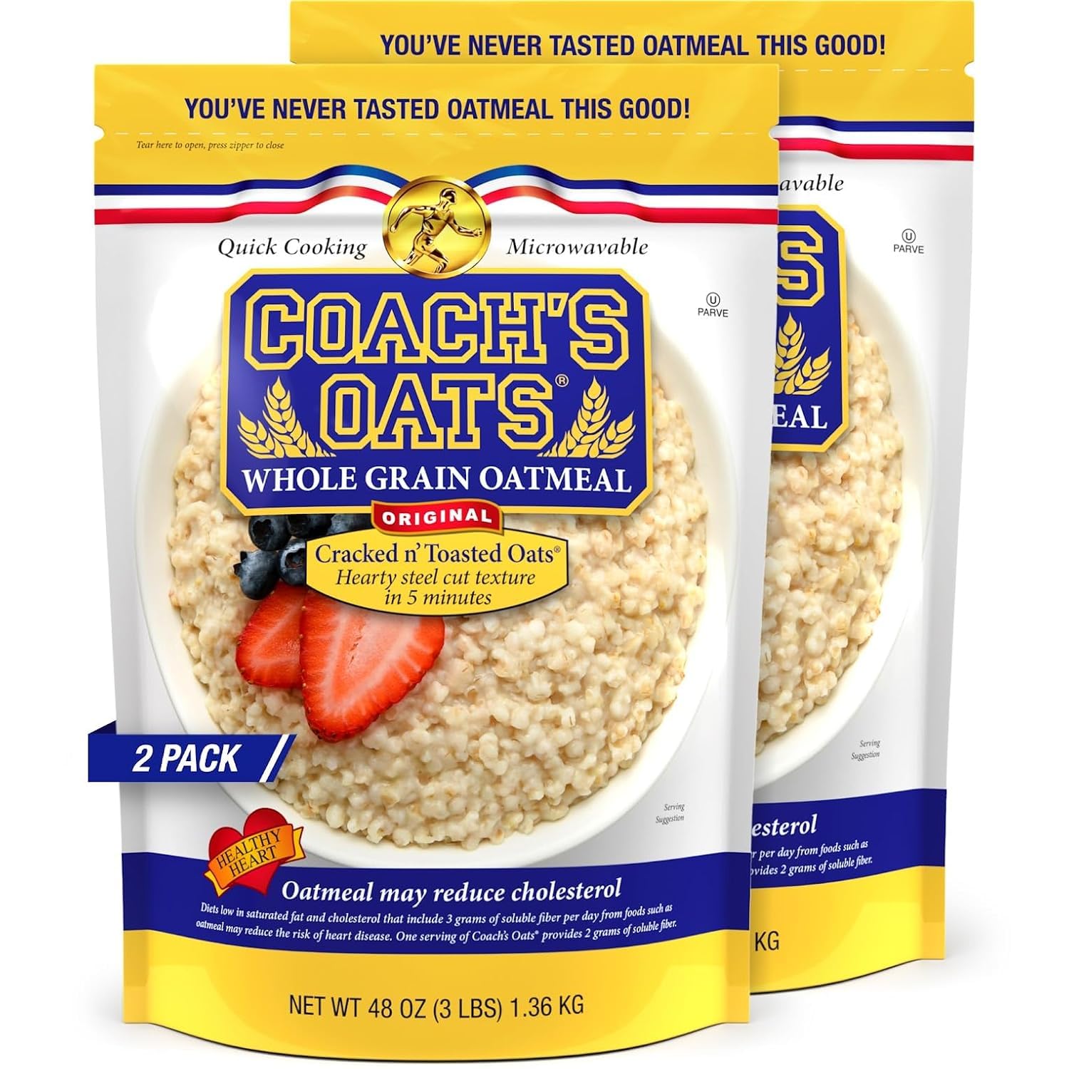 Coach's Oats Whole Grain Oatmeal 3 lbs (48 oz) Pack of 2 | Steel Cut Texture, Ready in 3 to 5 Minutes | Enjoy the Perfect Start 